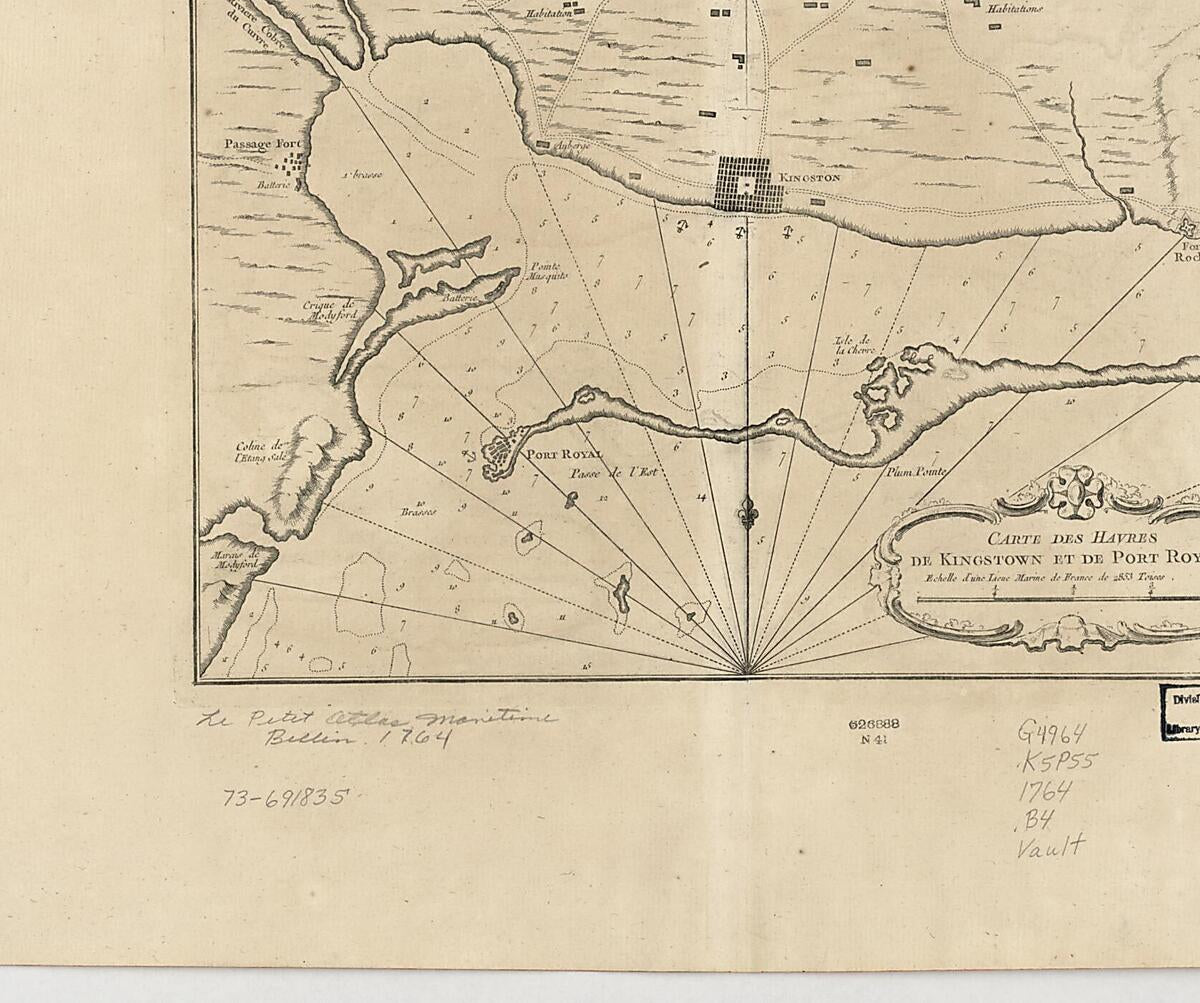 This old map of Carte Des Havres De Kingstown Et De Port Royal from 1764 was created by Jacques Nicolas Bellin in 1764