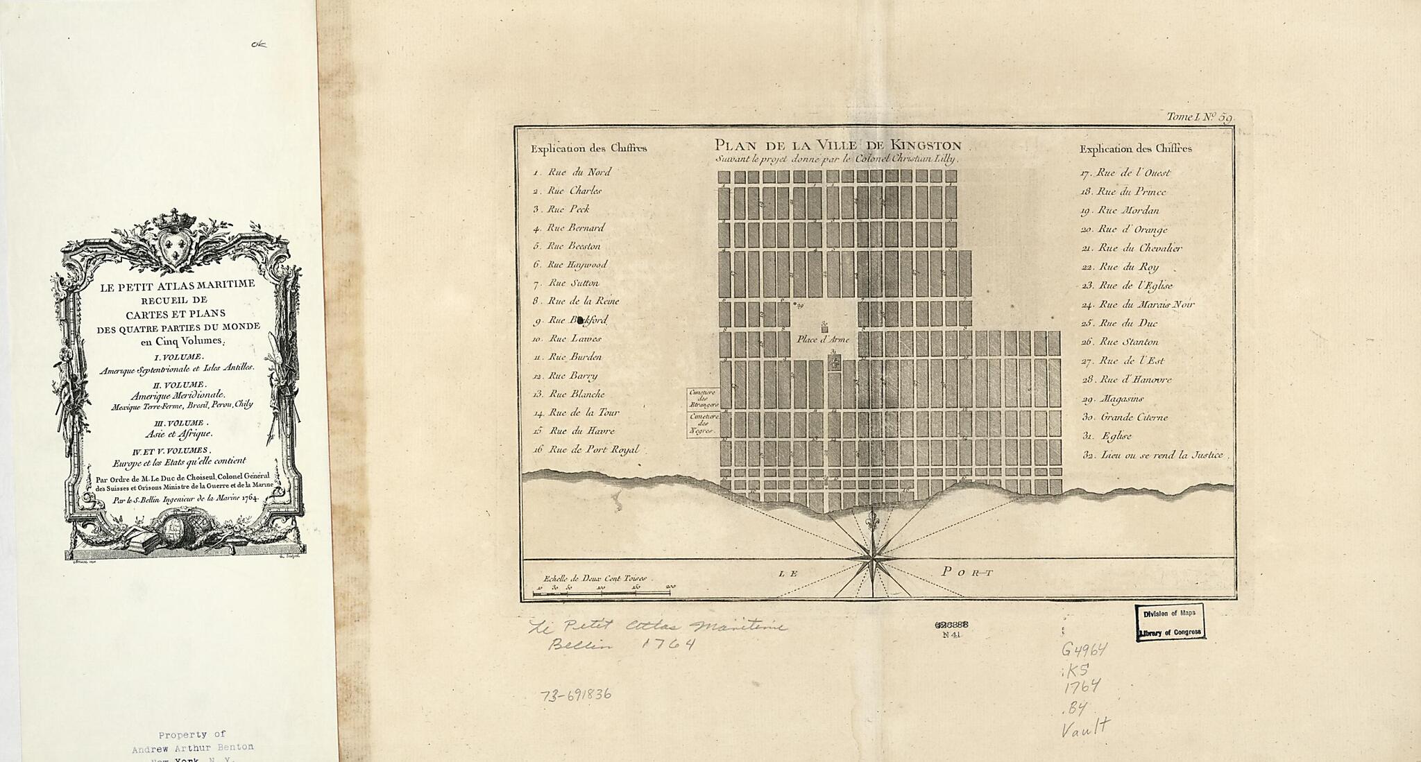 This old map of Plan De La Ville De Kingston; from 1764 was created by Jacques Nicolas Bellin, Christian Lilly in 1764