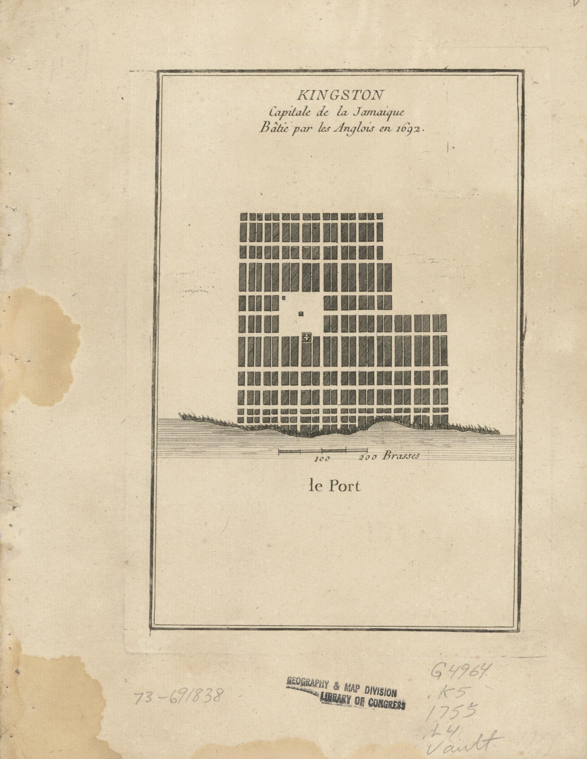 This old map of Kingston, Capitale De La Jamaique; Bâtie Par Les Anglois En 1692 from 1755 was created by Louis in 1755