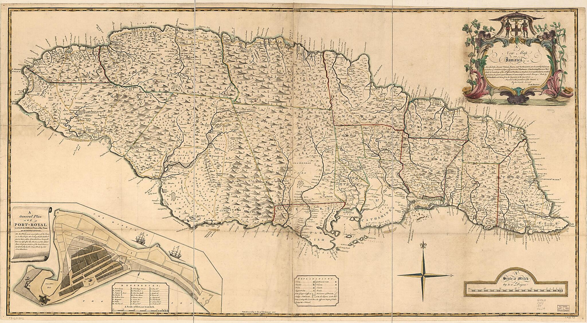 This old map of A New Map of Jamaica; In Which the Several Towns, Forts, and Settlements, Are Accurately Laid Down As Well As Ye Situations & Depts. of Ye Most Noted Harbours & Anchoring Places from 1755 was created by J. Bayly, Patrick Browne, Sheffie