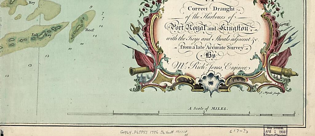 This old map of A Correct Draught of the Harbours of Port Royal and Kingston, With the Keys and Shoals Adjacent &c. from a Late Accurate Survey, by Mr. Richd Jones, Engineer from 1756 was created by Richard Jones, J. Mynde in 1756