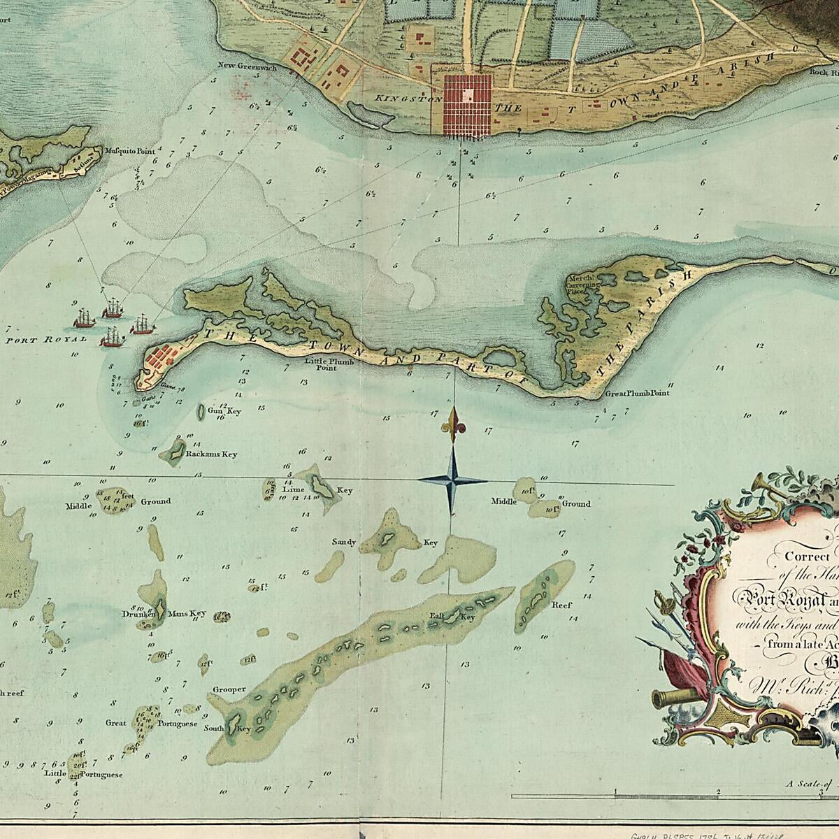 This old map of A Correct Draught of the Harbours of Port Royal and Kingston, With the Keys and Shoals Adjacent &c. from a Late Accurate Survey, by Mr. Richd Jones, Engineer from 1756 was created by Richard Jones, J. Mynde in 1756