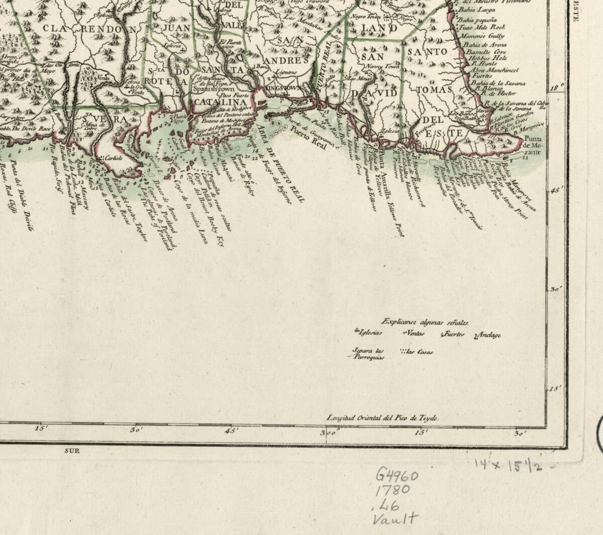 This old map of Carta De La Isla De La Jamayca; Dividida En Diez Y Nueve Parroquias ó Quarteles from 1780 was created by Tomás López De Vargas Machuca in 1780