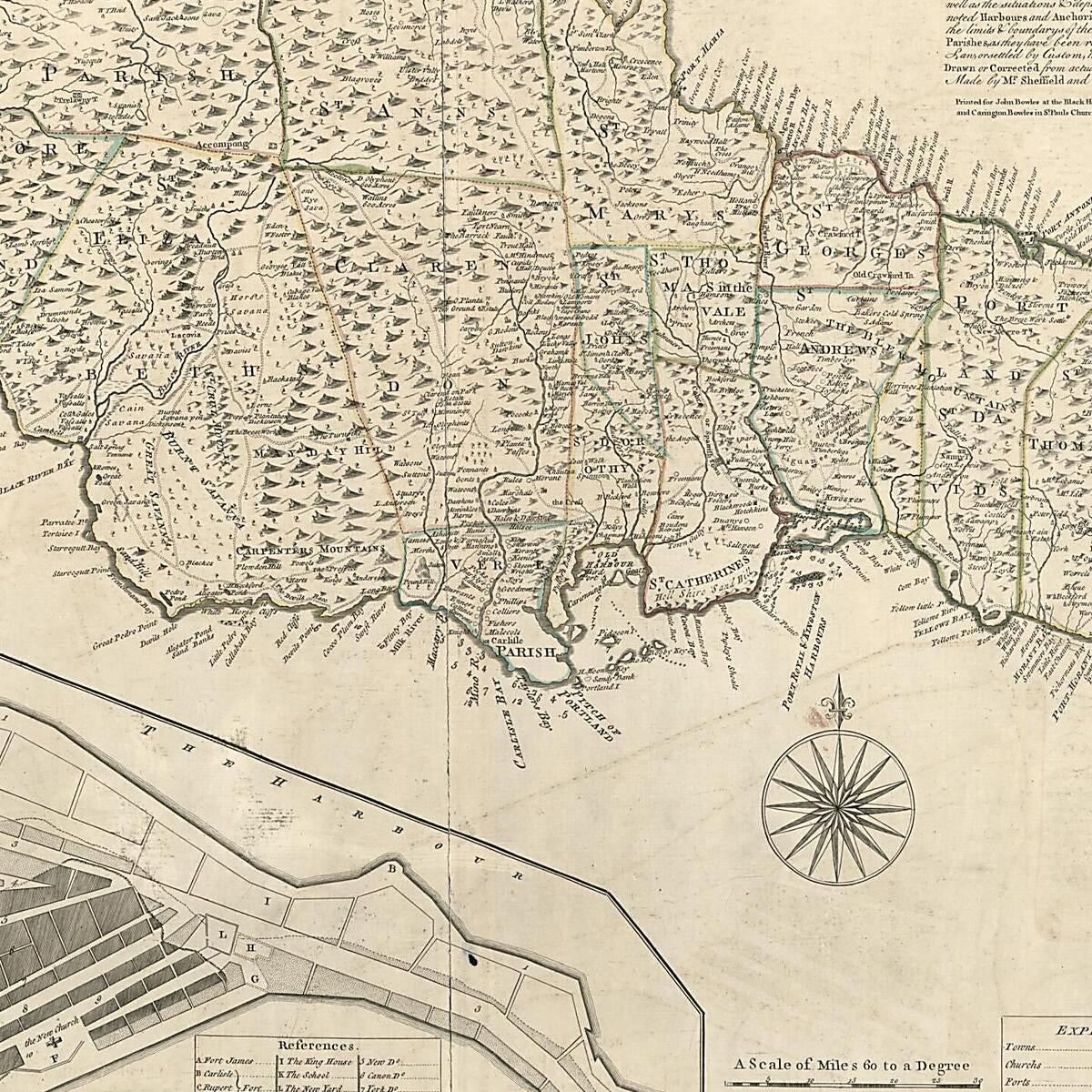 This old map of A New Map of Jamaica; In Which the Several Towns, Forts, & Settlements Are Accurately Laid Down, As Well As the Situations & Depths of the Most Noted Harbours and Anchoring Places  from 1770 was created by Carington Bowles, John Bowles,