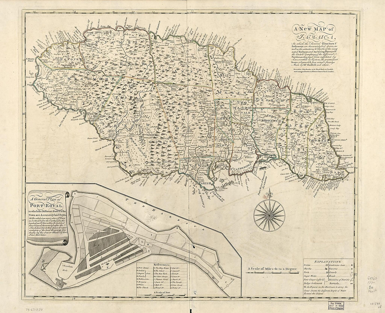 This old map of A New Map of Jamaica; In Which the Several Towns, Forts, & Settlements Are Accurately Laid Down, As Well As the Situations & Depths of the Most Noted Harbours and Anchoring Places  from 1770 was created by Carington Bowles, John Bowles,