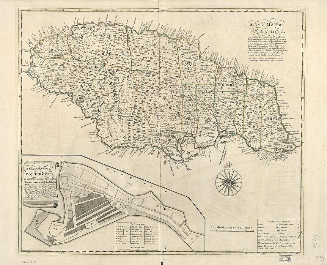 This old map of A New Map of Jamaica; In Which the Several Towns, Forts, & Settlements Are Accurately Laid Down, As Well As the Situations & Depths of the Most Noted Harbours and Anchoring Places from 1770 was created by Carington Bowles, John Bowles,