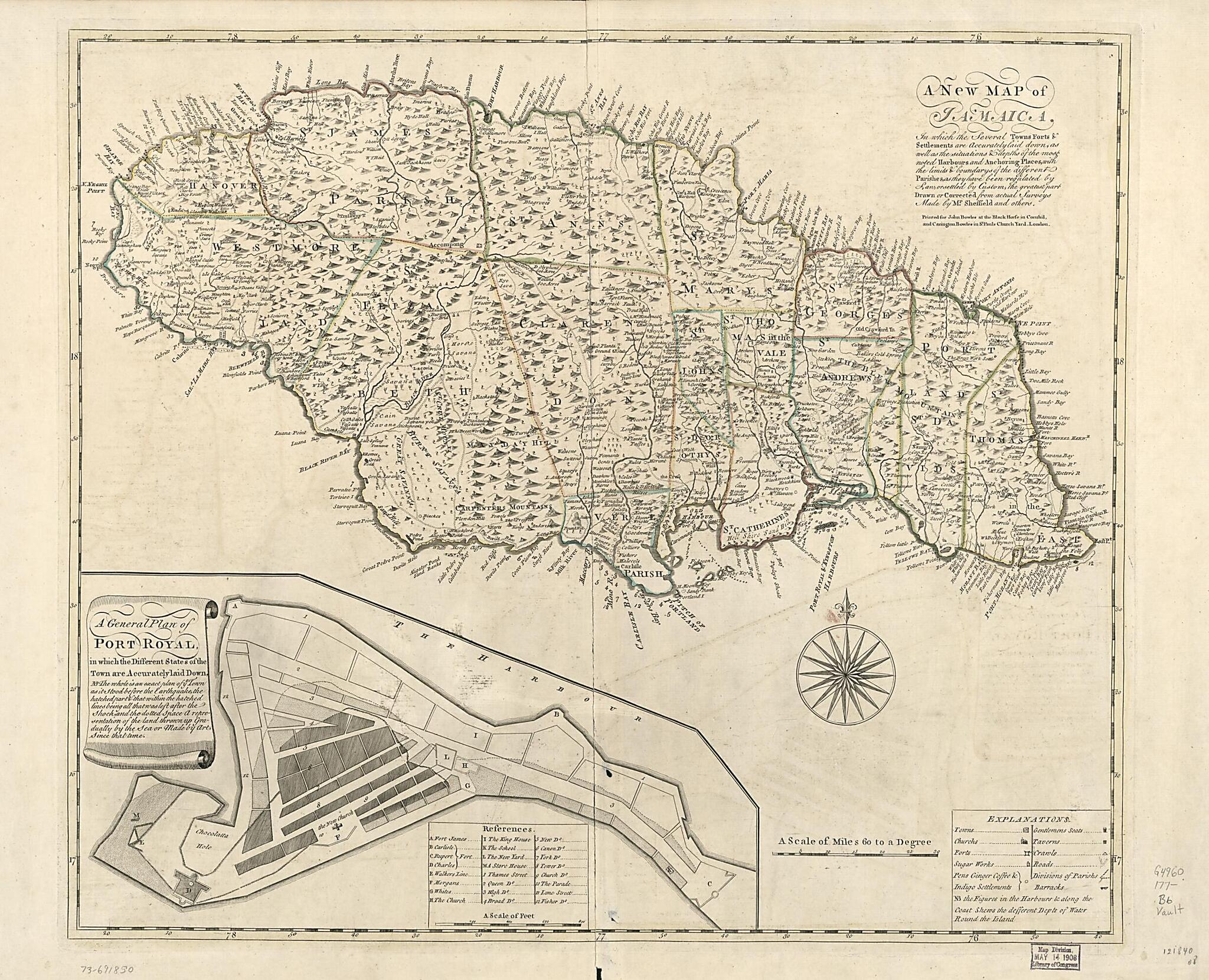 This old map of A New Map of Jamaica; In Which the Several Towns, Forts, & Settlements Are Accurately Laid Down, As Well As the Situations & Depths of the Most Noted Harbours and Anchoring Places from 1770 was created by Carington Bowles, John Bowles,
