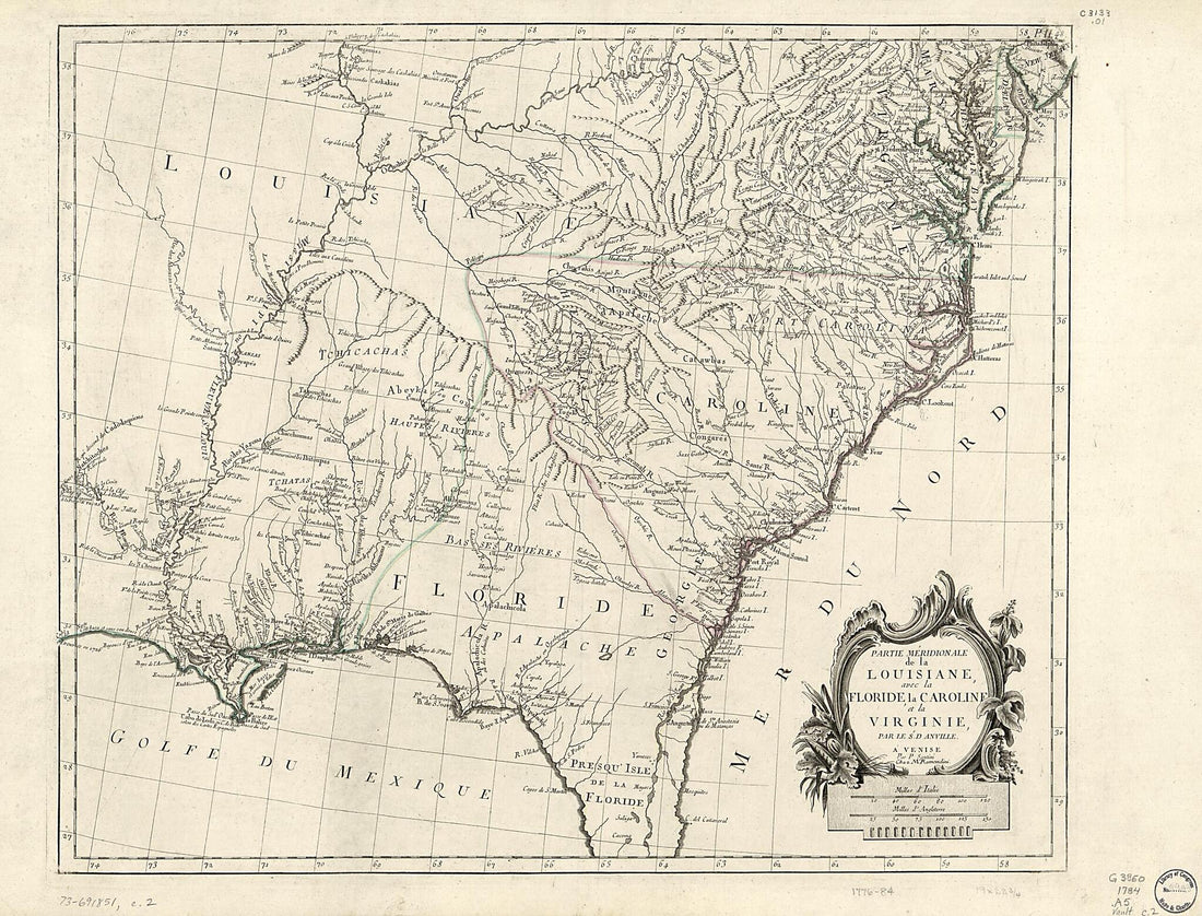 This old map of Partie Méridionale De La Louisiane, Avec La Floride, La Caroline Et La Virginie from 1784 was created by Jean Baptiste Bourguignon D Anville, Remondini (Firm), P. Santini in 1784