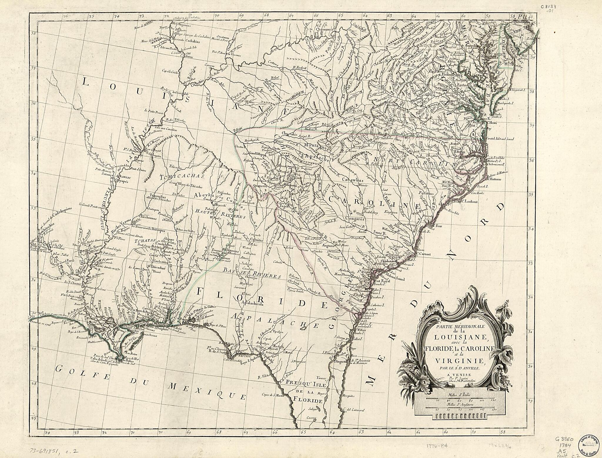 This old map of Partie Méridionale De La Louisiane, Avec La Floride, La Caroline Et La Virginie from 1784 was created by Jean Baptiste Bourguignon D Anville, Remondini (Firm), P. Santini in 1784