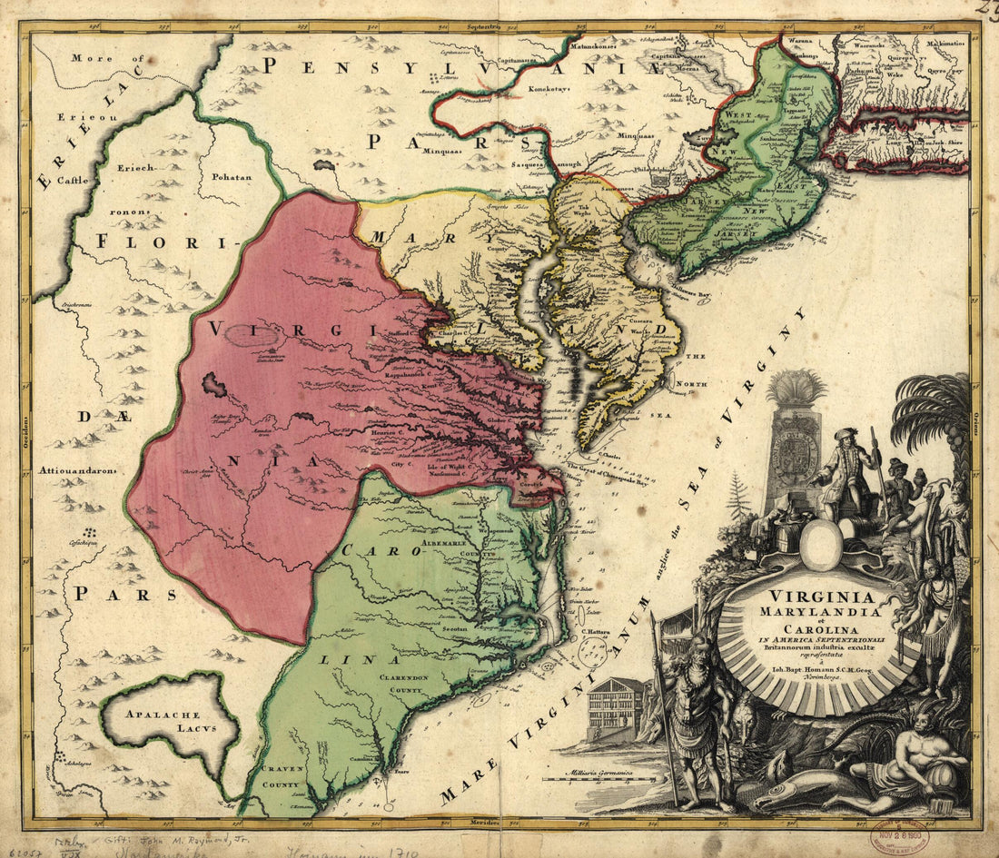 This old map of Virginia, Marylandia Et Carolina In America Septentrionali Britannorum from 1759 was created by Johann Baptist Homann in 1759