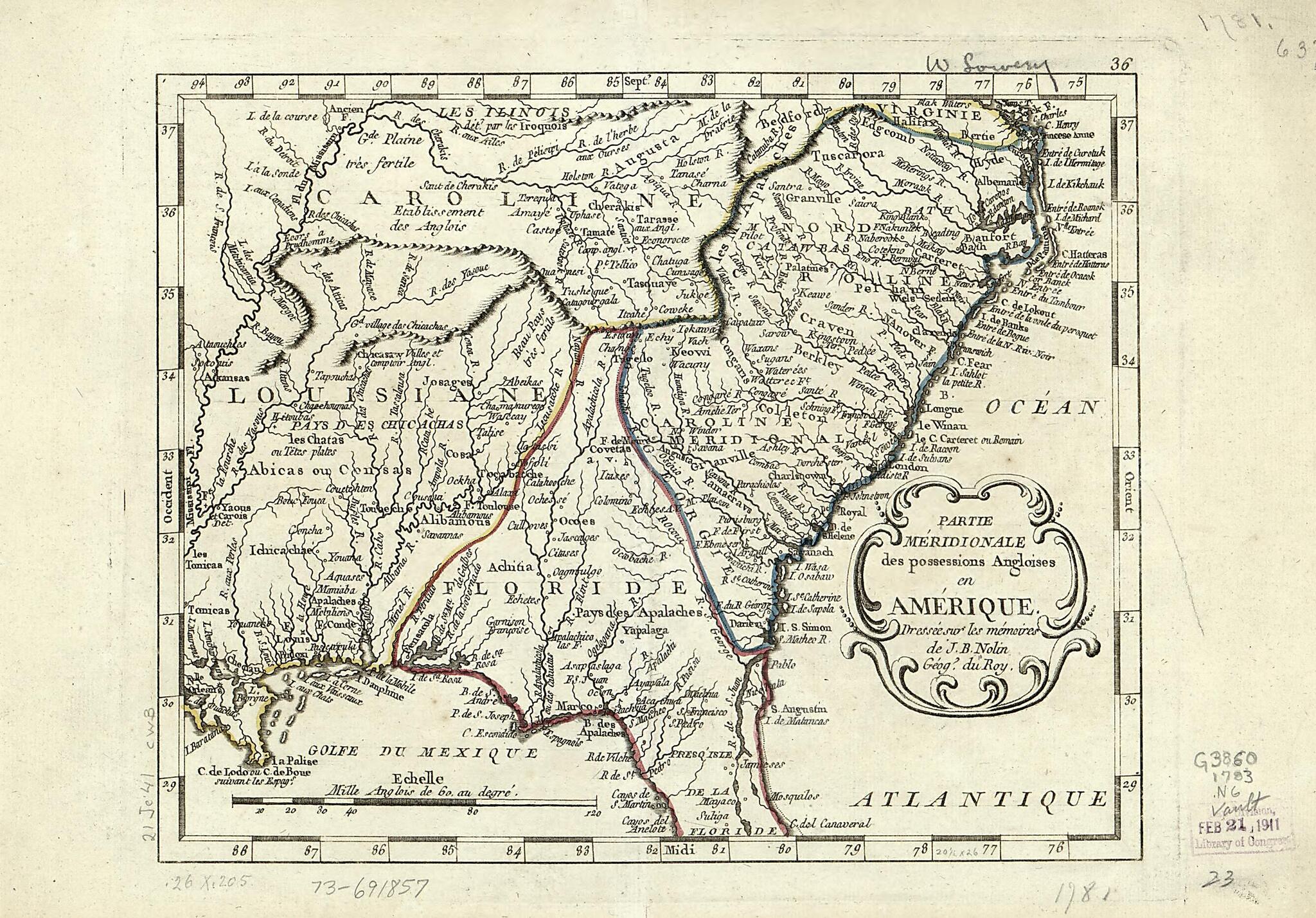 This old map of Partie Méridionale Des Possessions Angloises En Amérique from 1783 was created by Jean Baptiste Nolin in 1783