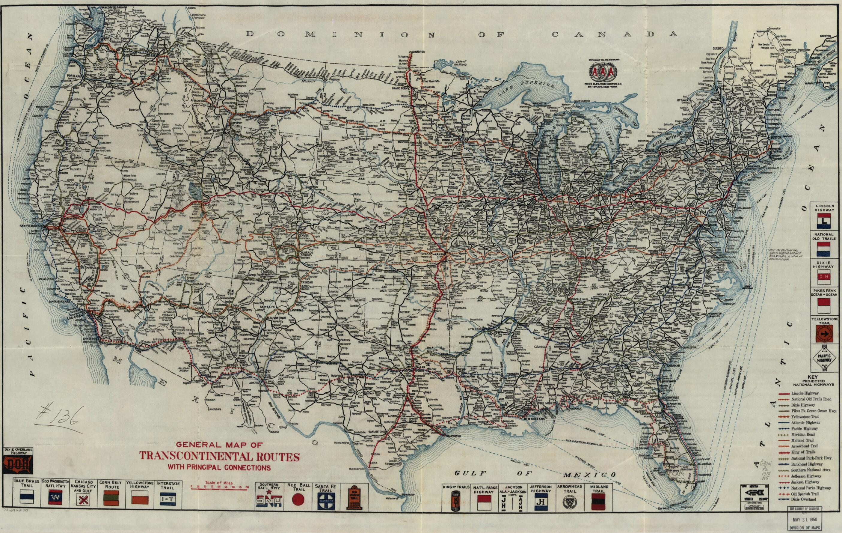 This old map of General Map of Transcontinental Routes With Principal Connections from 1918 was created by American Automobile Association in 1918