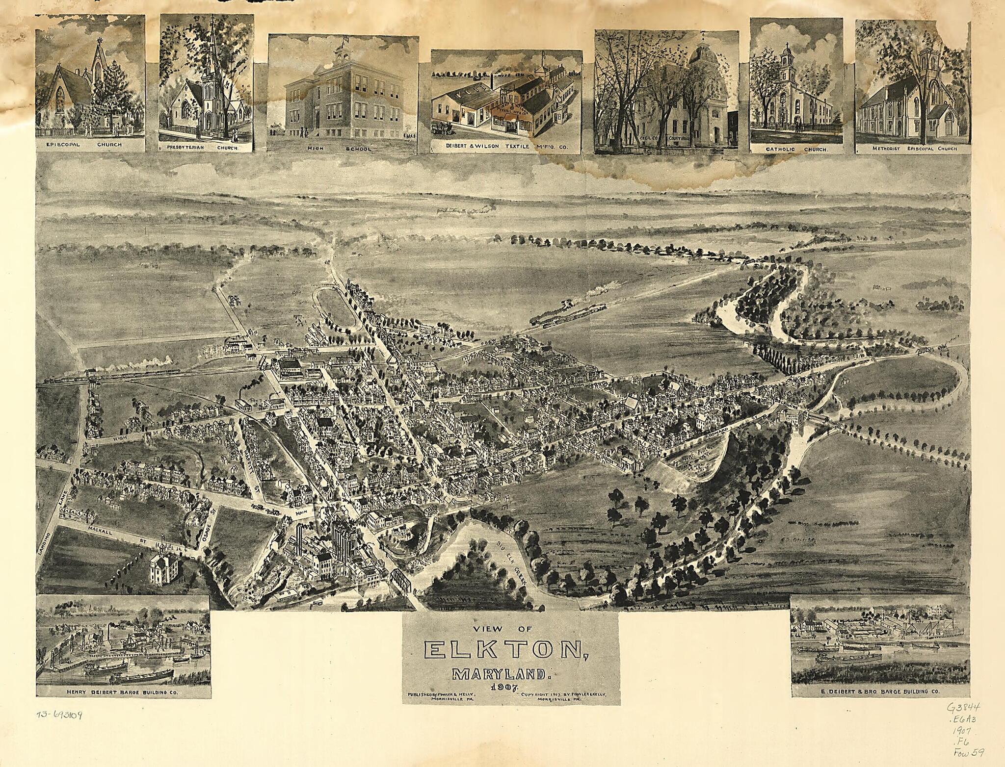 This old map of View of Elkton, Maryland from 1907 was created by Fowler & Kelly in 1907