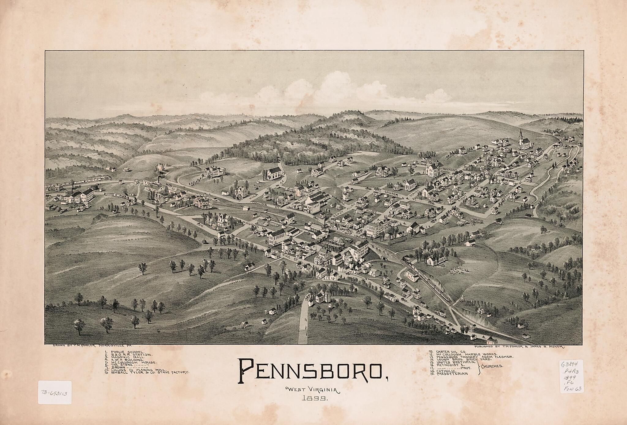 This old map of Pennsboro, West Virginia from 1899 was created by T. M. (Thaddeus Mortimer) Fowler, James B. Moyer in 1899