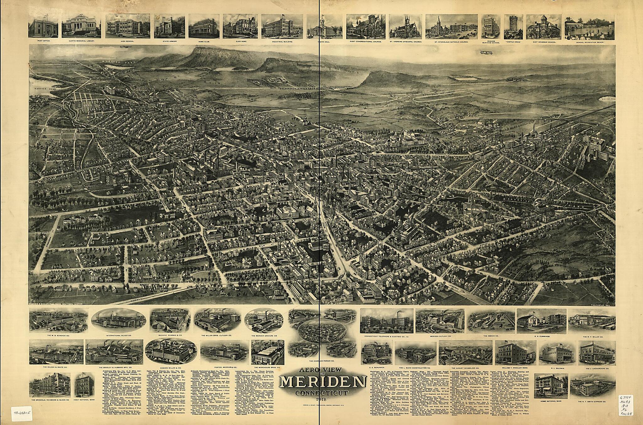 This old map of Aero View of Meriden, Connecticut from 1918 was created by T. M. (Thaddeus Mortimer) Fowler, Hughes & Bailey in 1918
