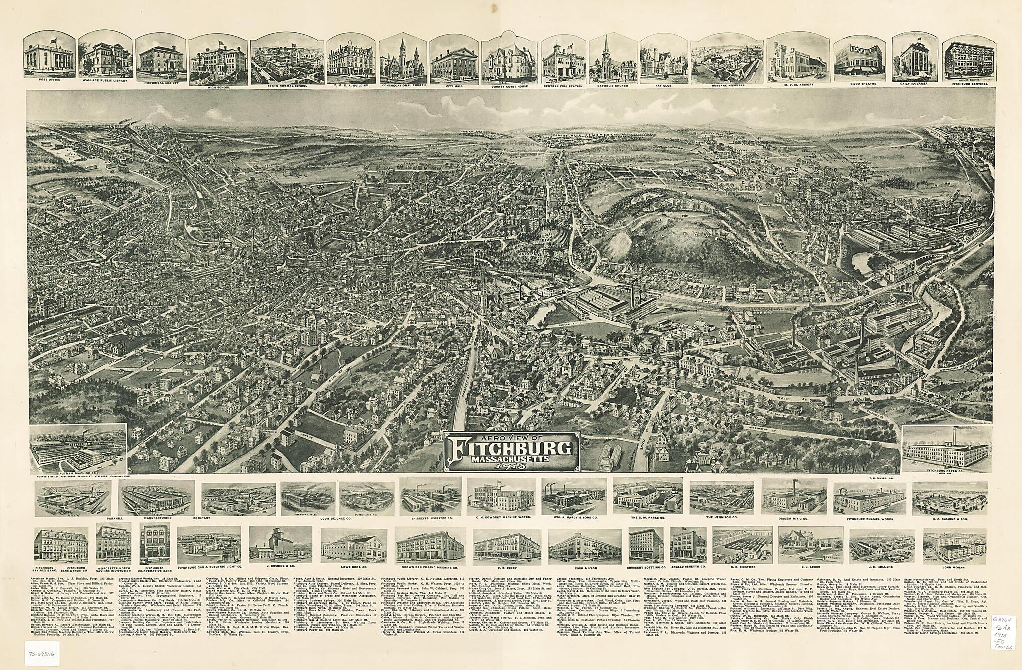 This old map of Aero View of Fitchburg, Massachusetts from 1915 was created by T. M. (Thaddeus Mortimer) Fowler, Hughes & Bailey in 1915
