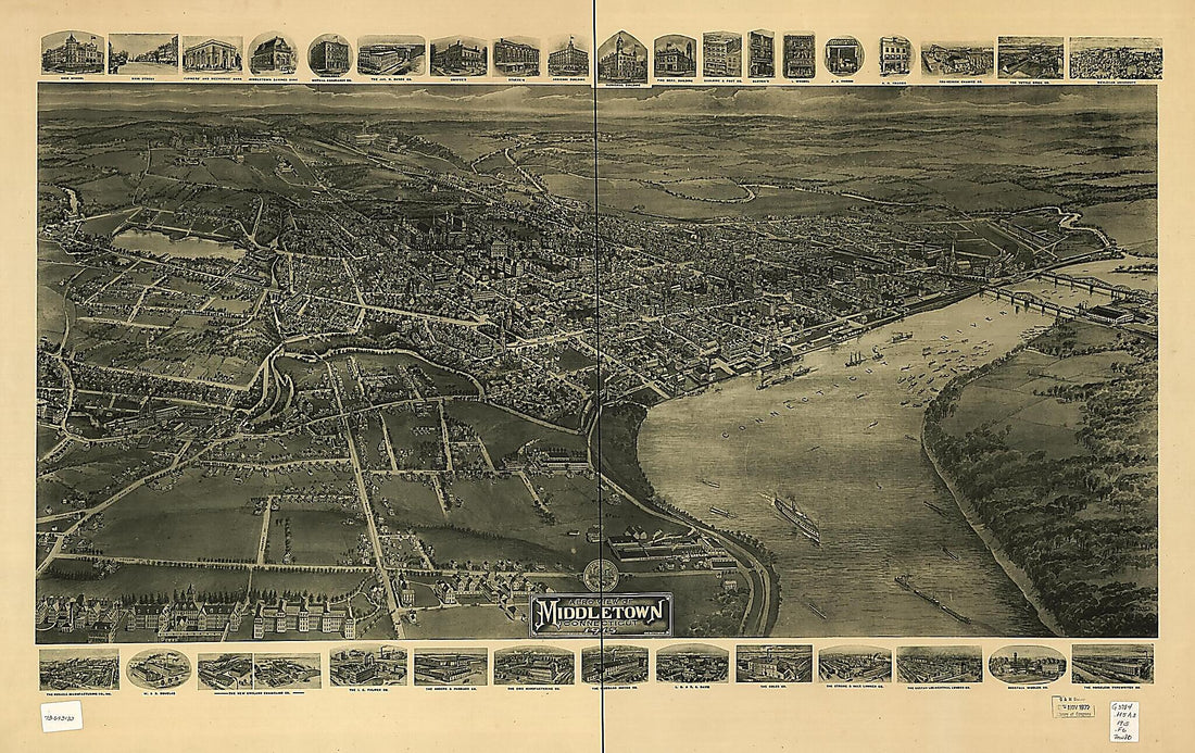 This old map of Aero View of Middletown, Connecticut from 1915 was created by T. M. (Thaddeus Mortimer) Fowler, Hughes & Bailey in 1915
