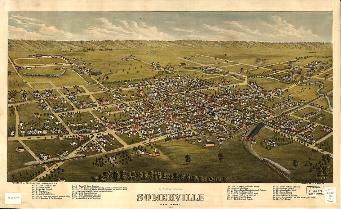 This old map of Somerville, New Jersey from 1882 was created by Beck & Pauli, Fowler & Evans, T. M. (Thaddeus Mortimer) Fowler in 1882
