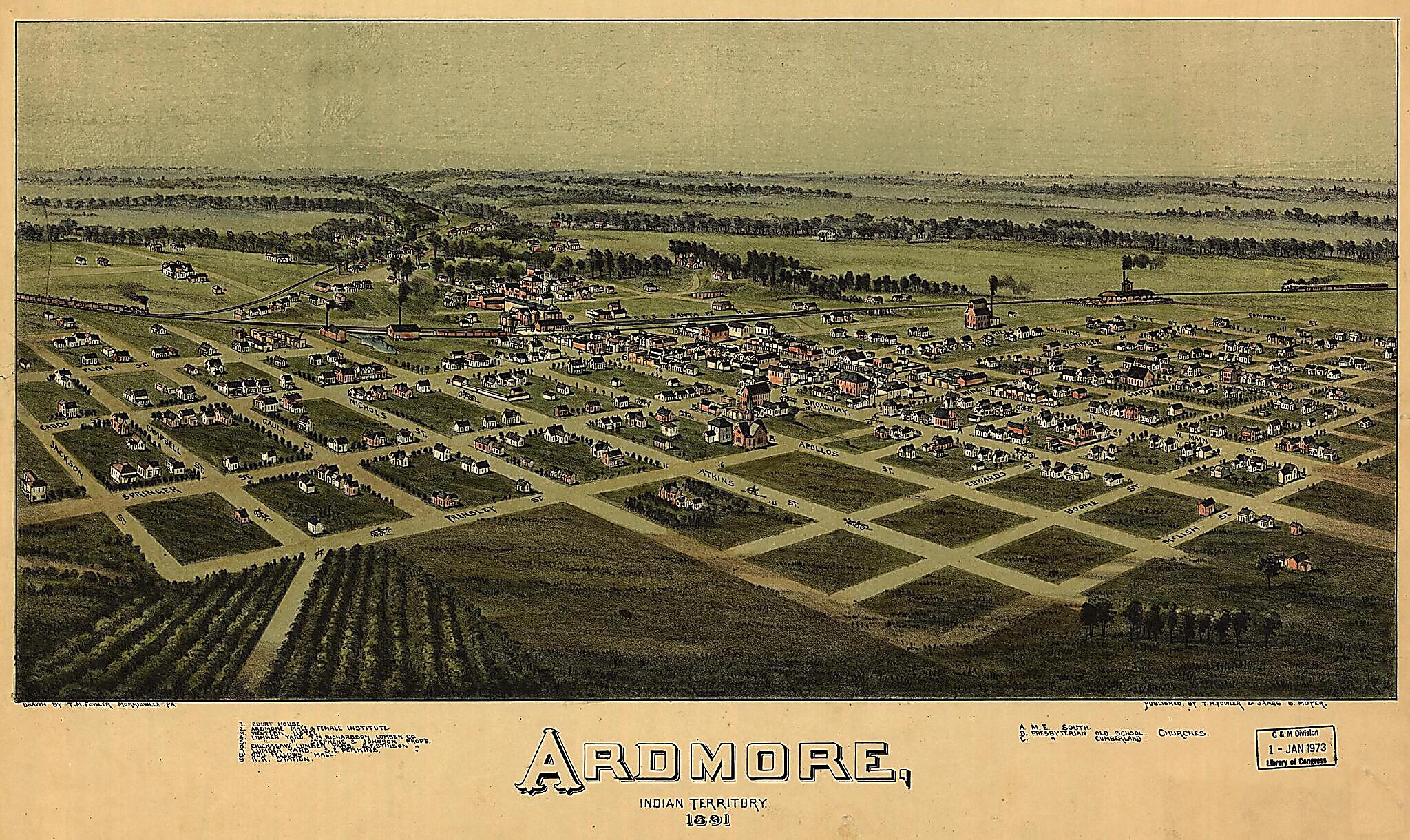 This old map of Ardmore, Indian Territory, from 1891 was created by T. M. (Thaddeus Mortimer) Fowler, James B. Moyer in 1891