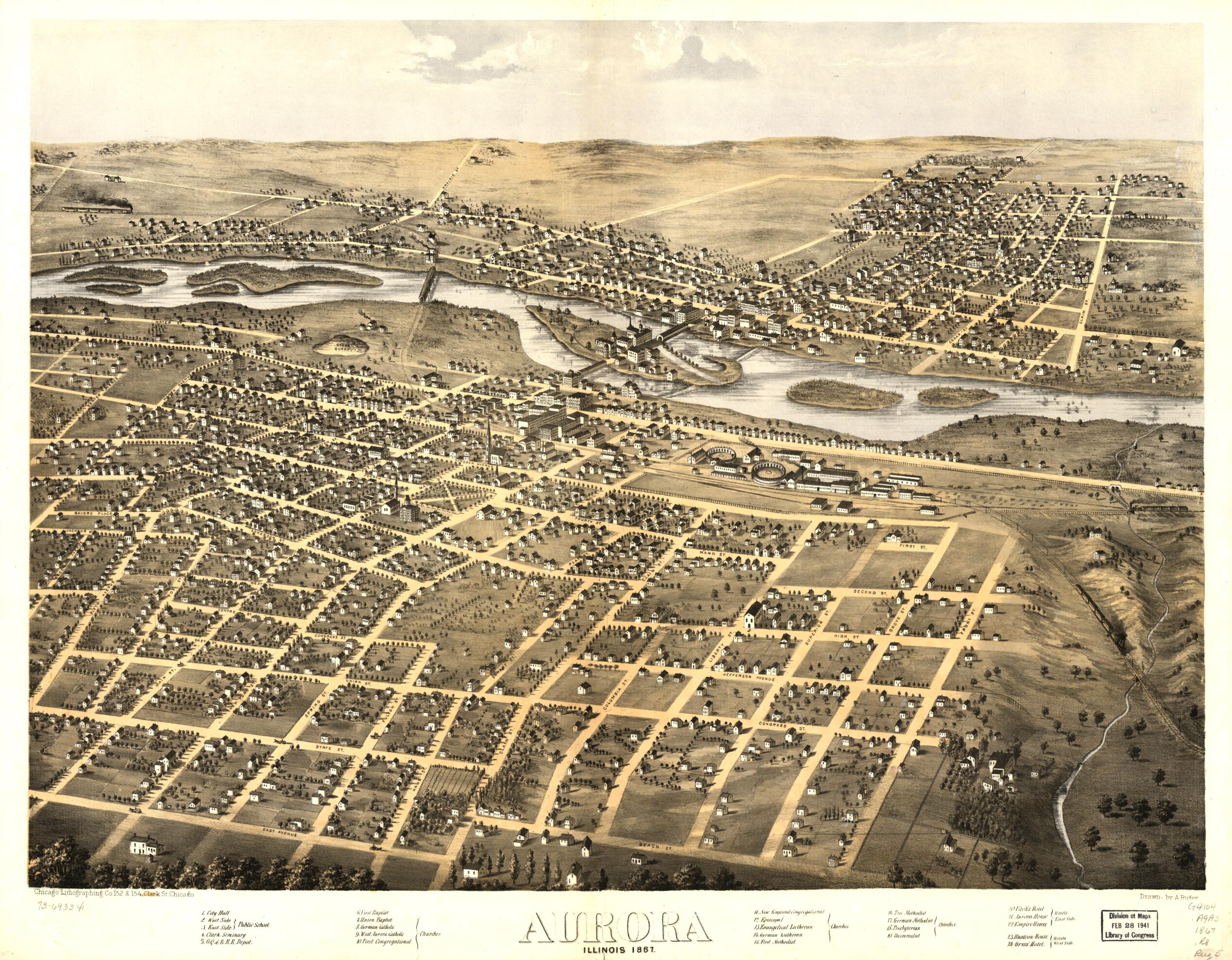 This old map of Aurora, Illinois from 1867 was created by Chicago Lithographing Co, A. Ruger in 1867