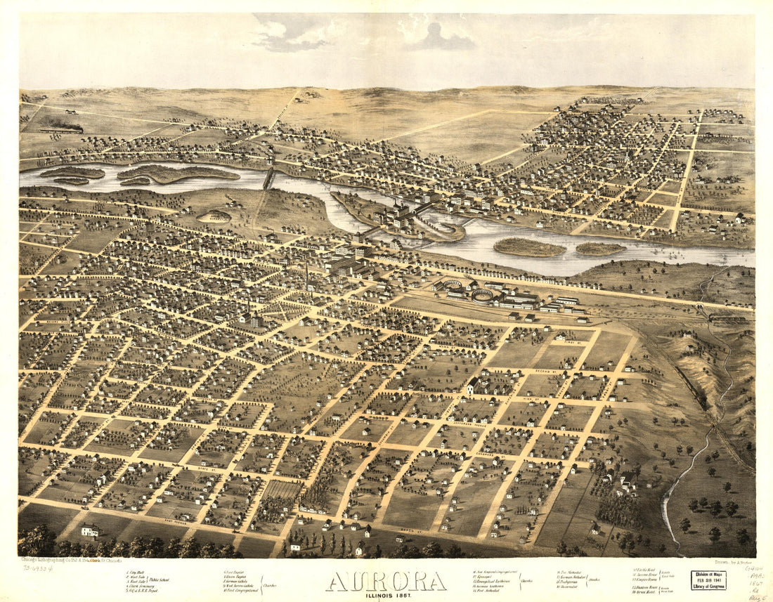 This old map of Aurora, Illinois from 1867 was created by Chicago Lithographing Co, A. Ruger in 1867