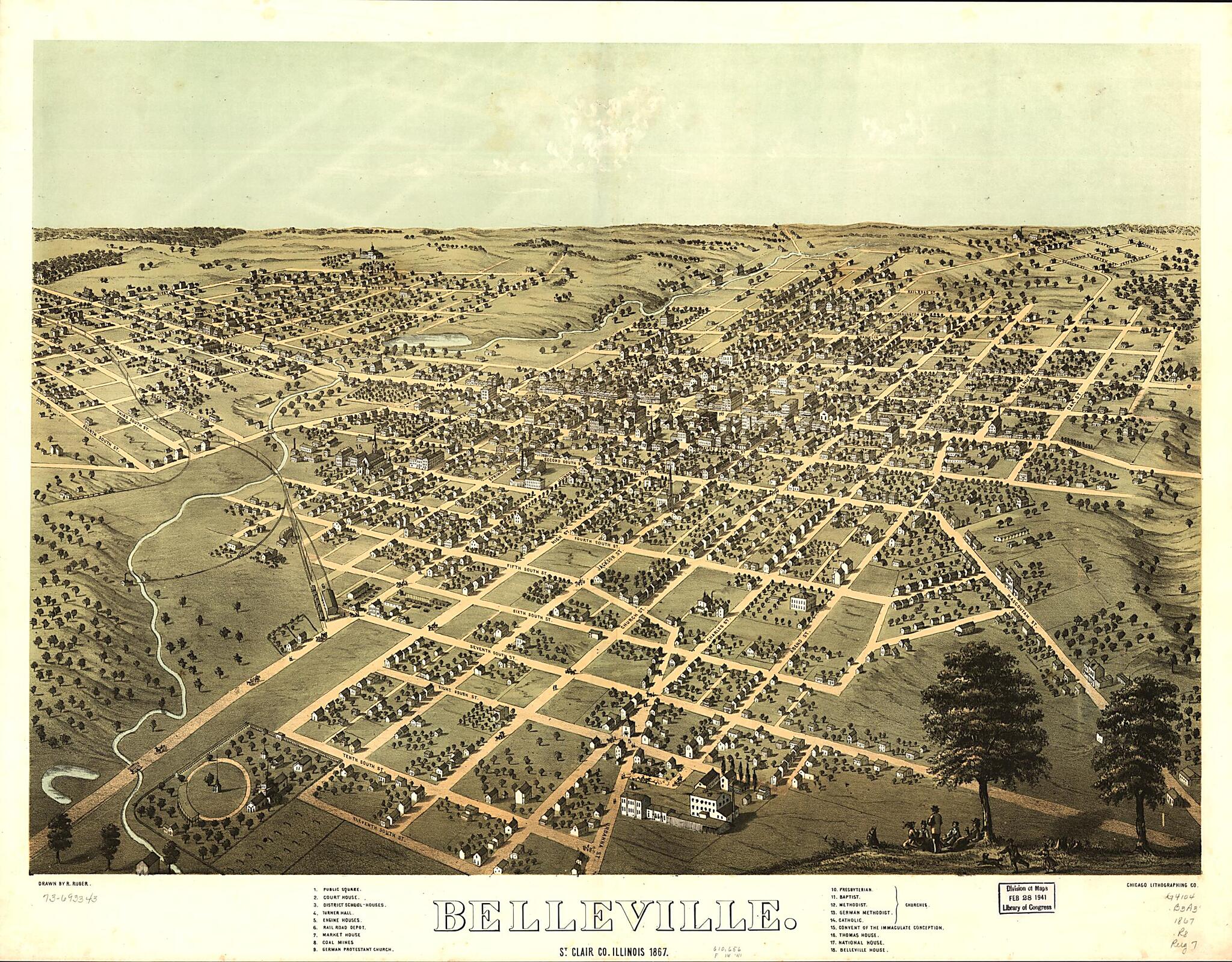 This old map of Belleville, St. Clair County, Illinois from 1867 was created by Chicago Lithographing Co, A. Ruger in 1867