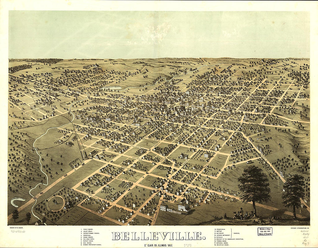 This old map of Belleville, St. Clair County, Illinois from 1867 was created by Chicago Lithographing Co, A. Ruger in 1867