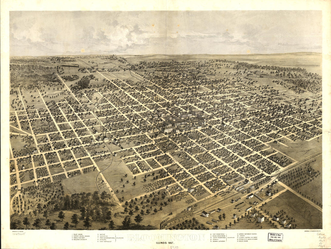 This old map of Bloomington, Illinois from 1867 was created by Chicago Lithographing Co, A. Ruger in 1867