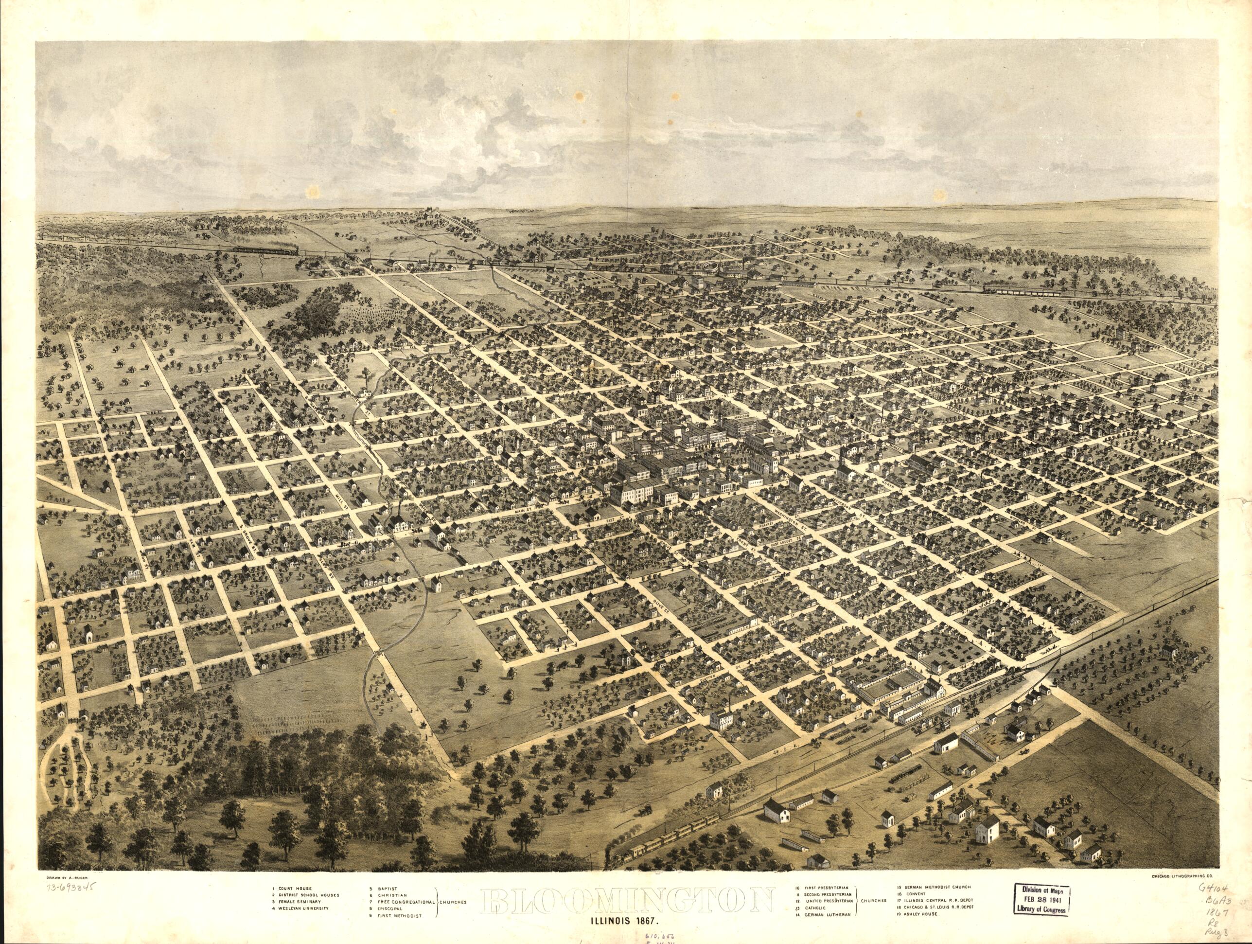 This old map of Bloomington, Illinois from 1867 was created by Chicago Lithographing Co, A. Ruger in 1867