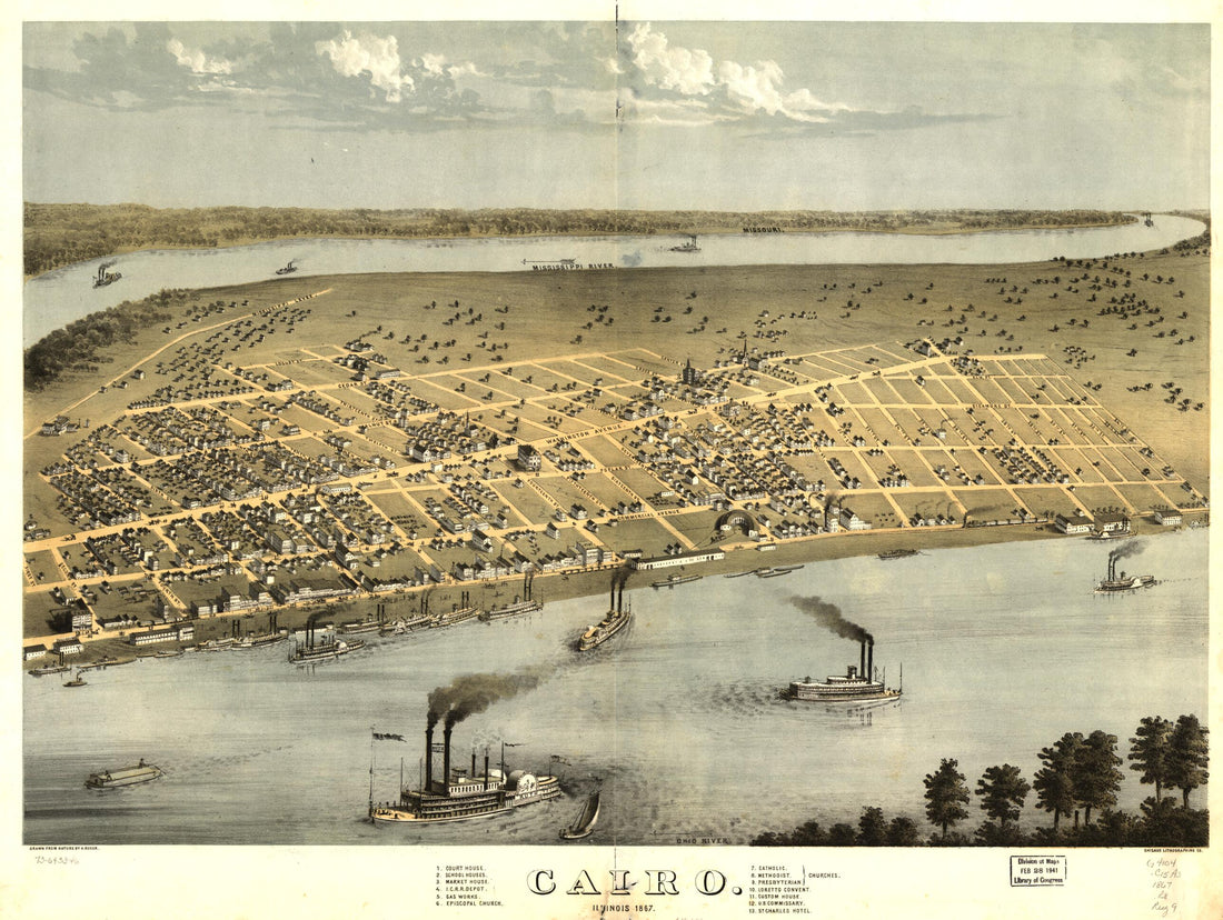 This old map of Cairo, Illinois from 1867 was created by Chicago Lithographing Co, A. Ruger in 1867
