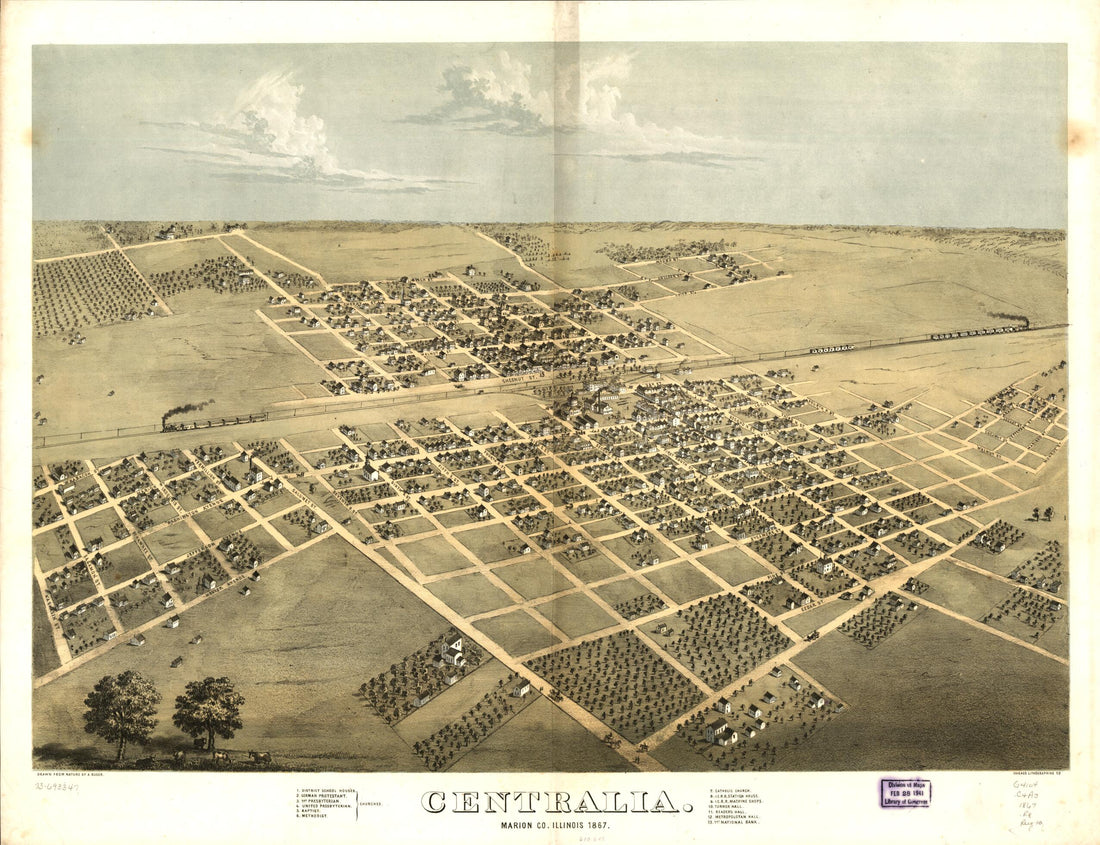 This old map of Centralia, Marion County, Illinois from 1867 was created by Chicago Lithographing Co, A. Ruger in 1867