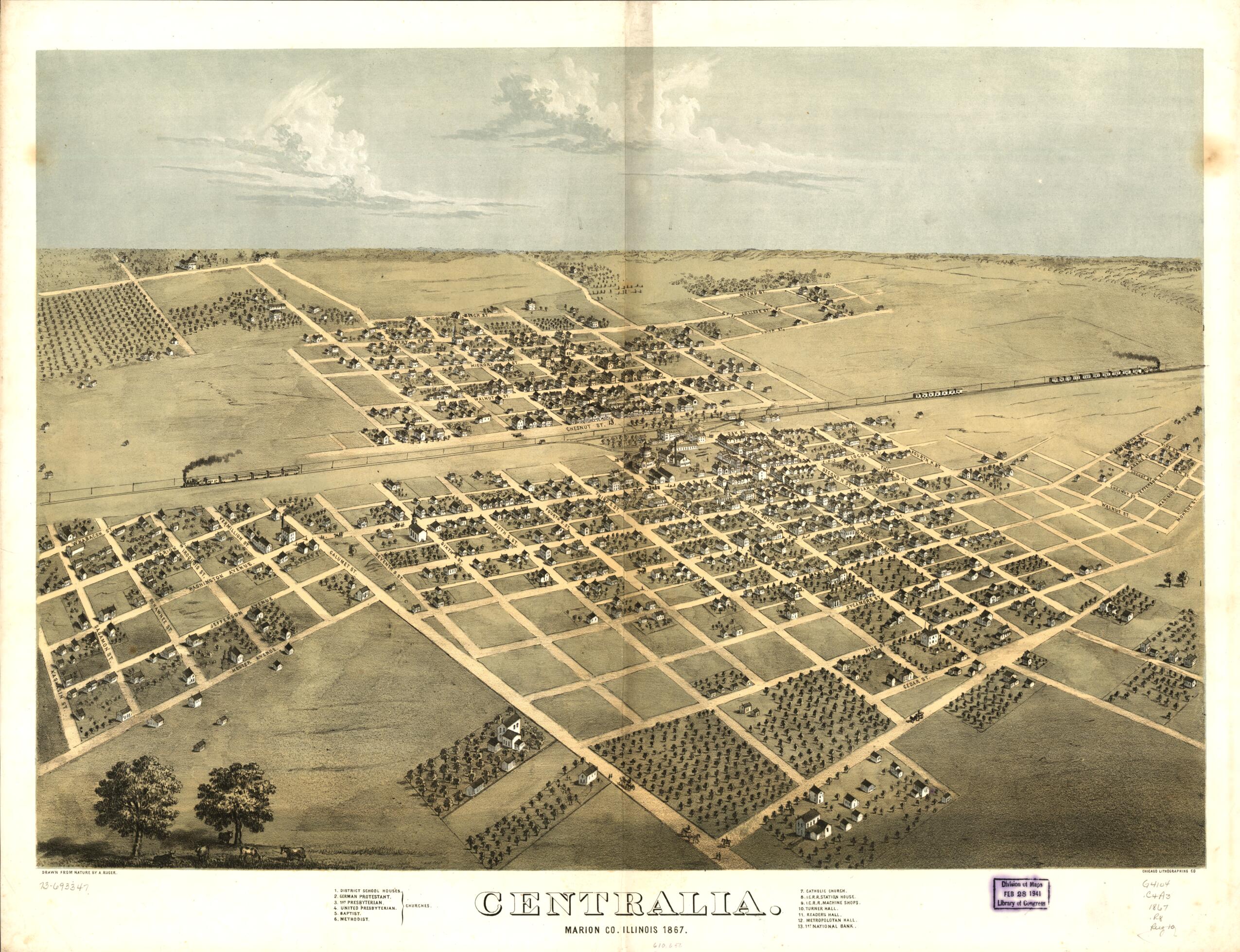 This old map of Centralia, Marion County, Illinois from 1867 was created by Chicago Lithographing Co, A. Ruger in 1867