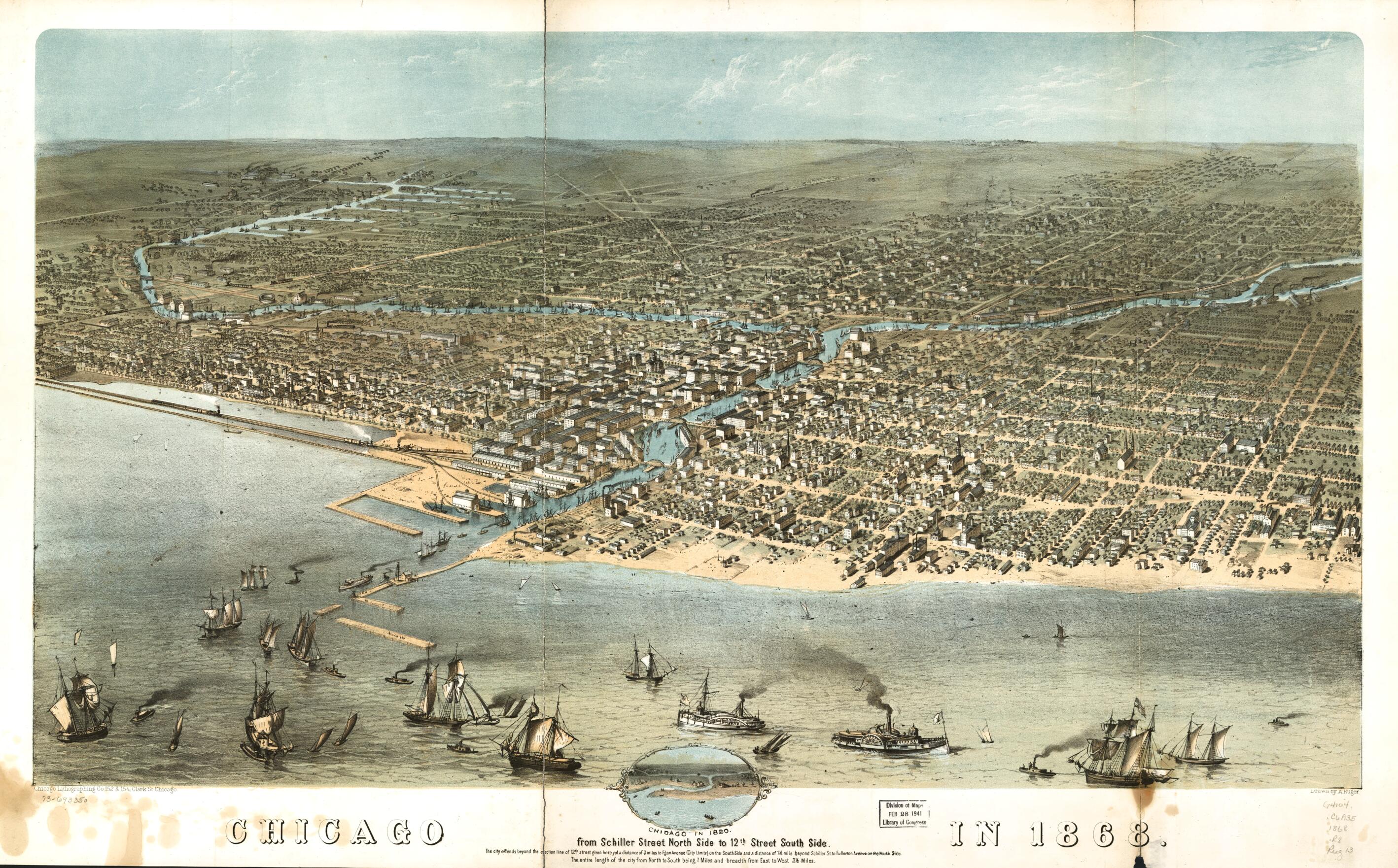 This old map of Chicago In from 1868 from Schiller Street North Side to 12th Street South Side was created by Chicago Lithographing Co, A. Ruger in 1868