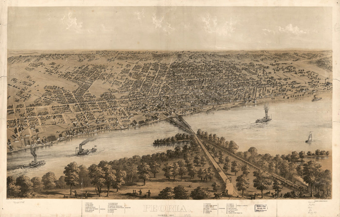 This old map of Peoria, Illinois from 1867 was created by Chicago Lithographing Co, A. Ruger in 1867