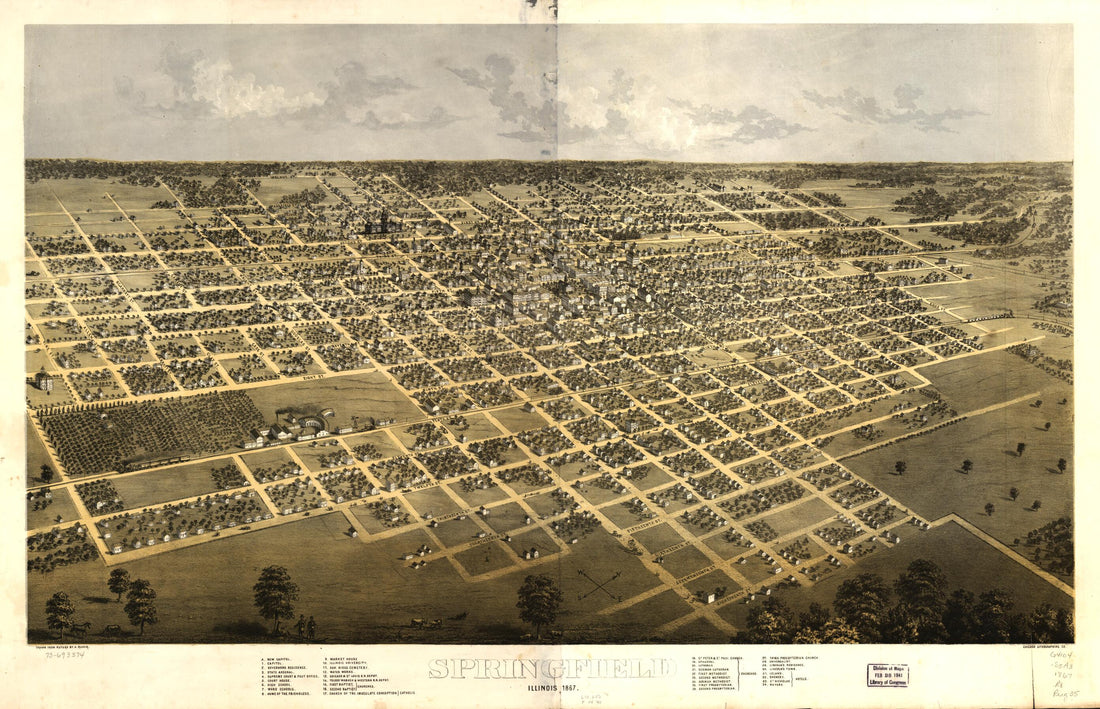 This old map of Springfield, Illinois from 1867 was created by Chicago Lithographing Co, A. Ruger in 1867