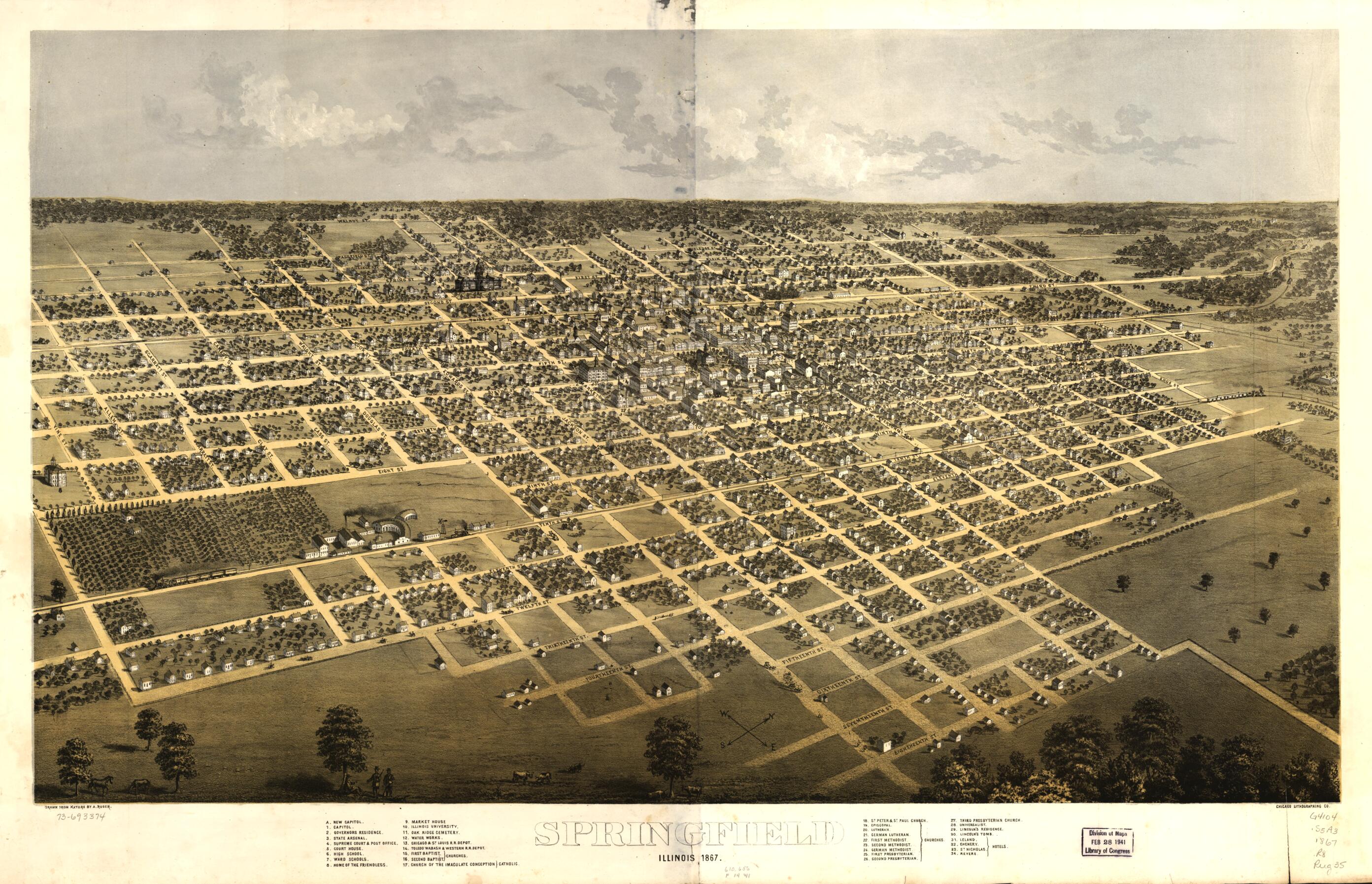 This old map of Springfield, Illinois from 1867 was created by Chicago Lithographing Co, A. Ruger in 1867