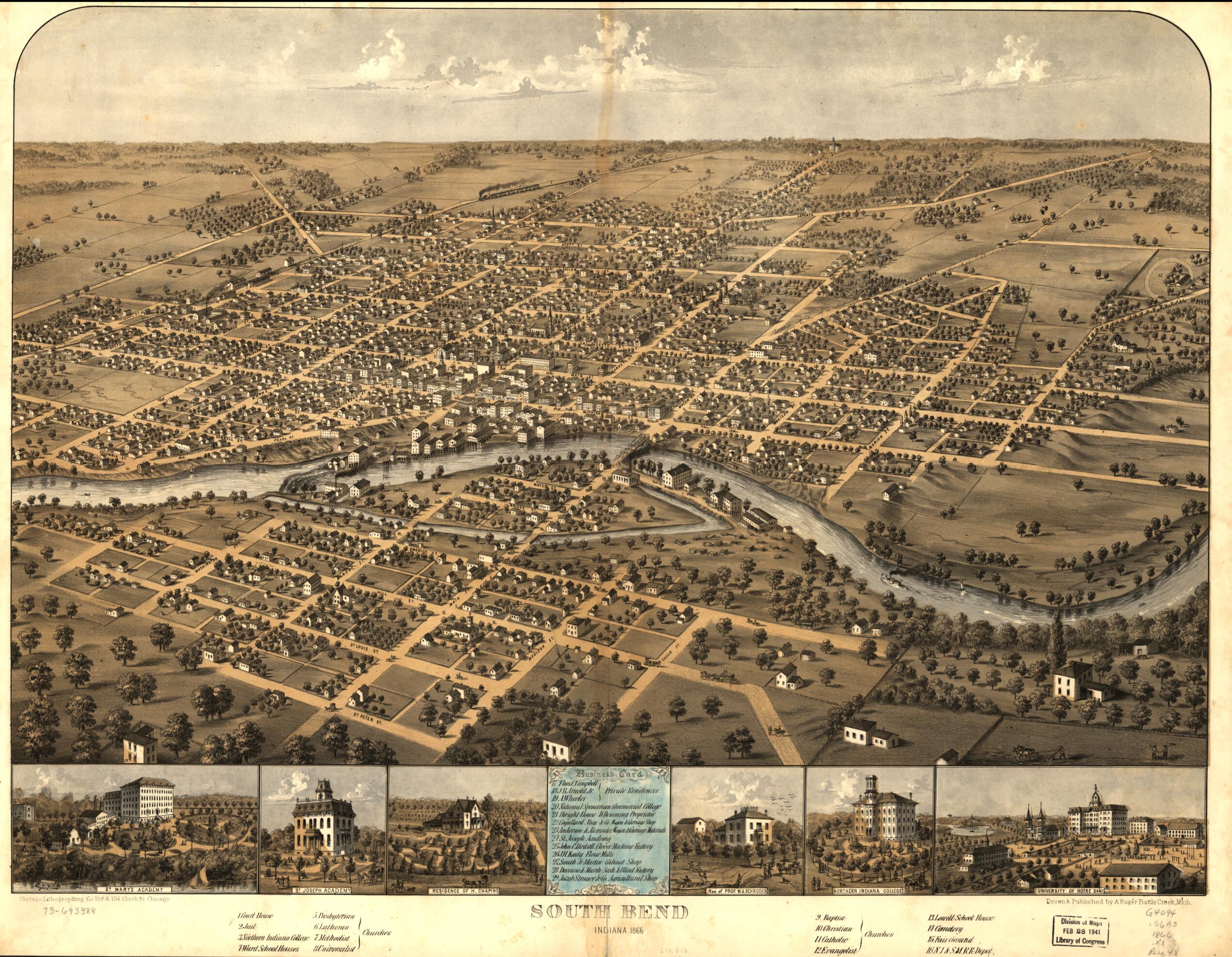 This old map of South Bend, Indiana from 1866 was created by Chicago Lithographing Co, A. Ruger in 1866