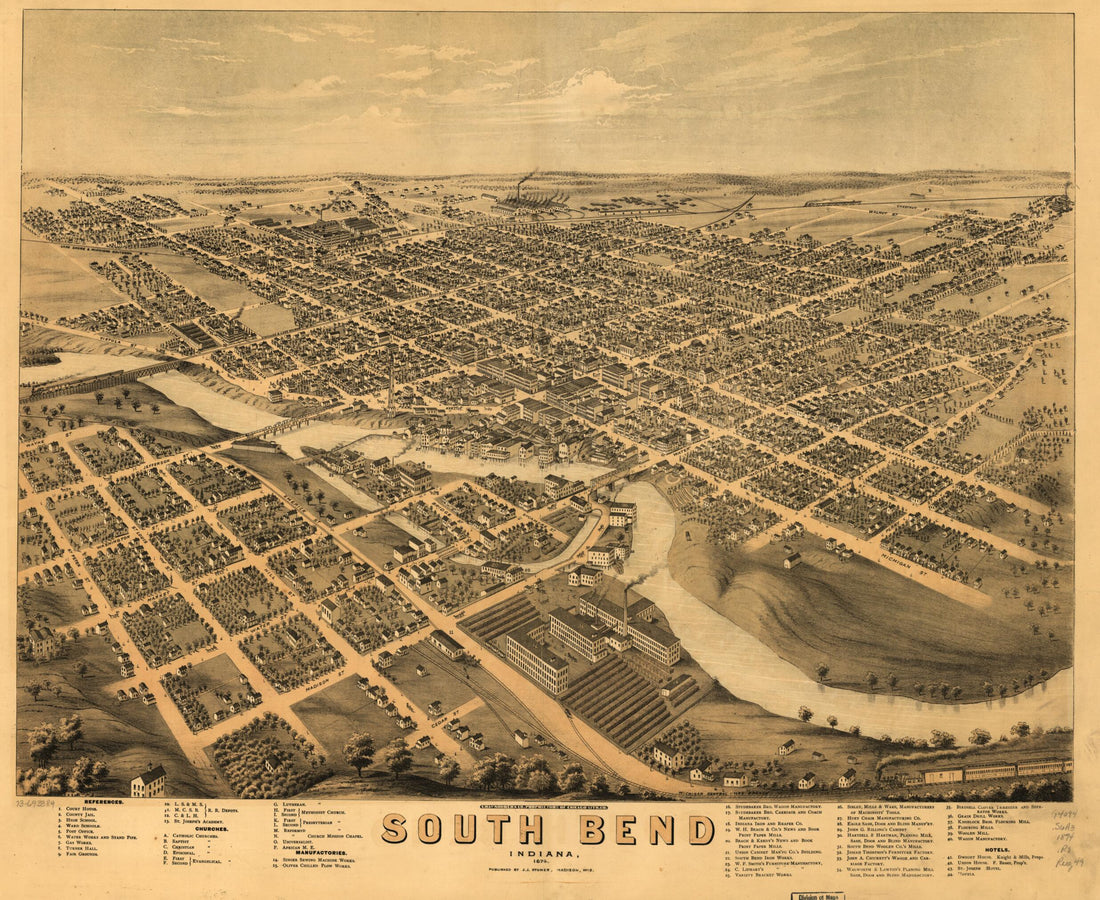 This old map of South Bend, Indiana from 1874 was created by Charles Shober & Co, Chicago Lithographing Co, A. Ruger, J. J. Stoner in 1874