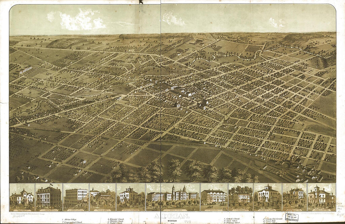 This old map of Adrian, Michigan from 1866 was created by Chicago Lithographing Co, A. Ruger in 1866