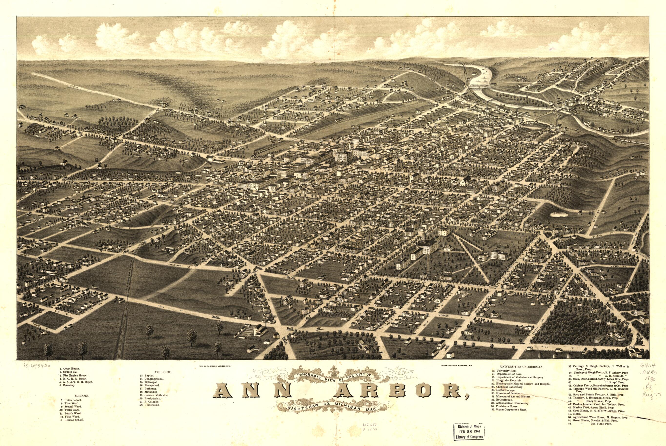 This old map of Panoramic View of the City of Ann Arbor, Washtenaw County, Michigan from 1880 was created by Beck & Pauli, A. Ruger, J. J. Stoner in 1880