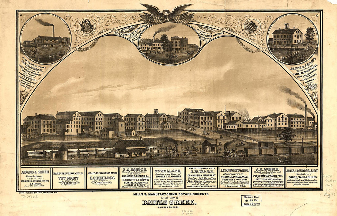 This old map of Mills & Manufacturing Establishments of the City of Battle Creek, Calhoun County, Michigan from 1869 was created by A. Ruger in 1869