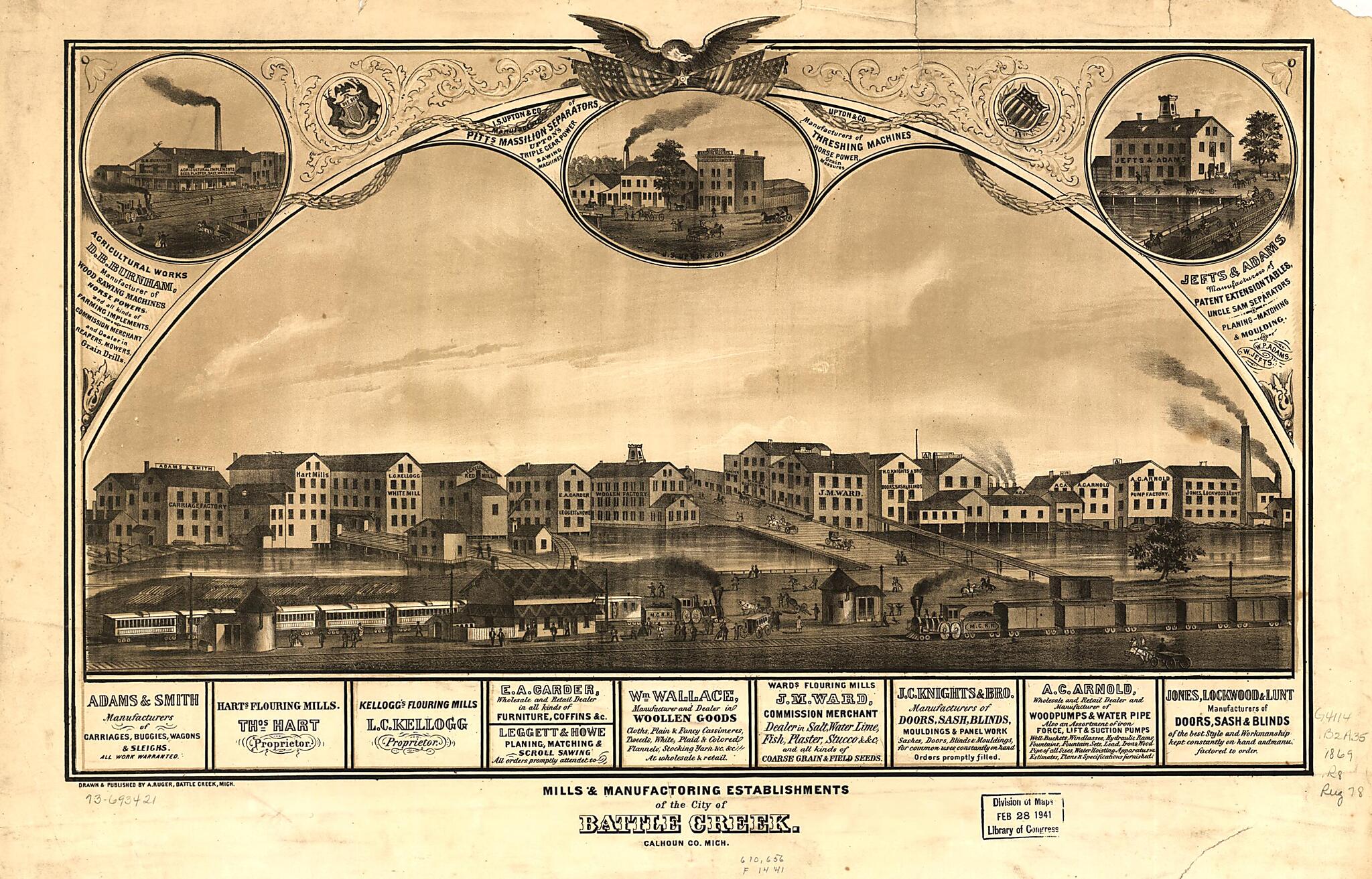 This old map of Mills & Manufacturing Establishments of the City of Battle Creek, Calhoun County, Michigan from 1869 was created by A. Ruger in 1869