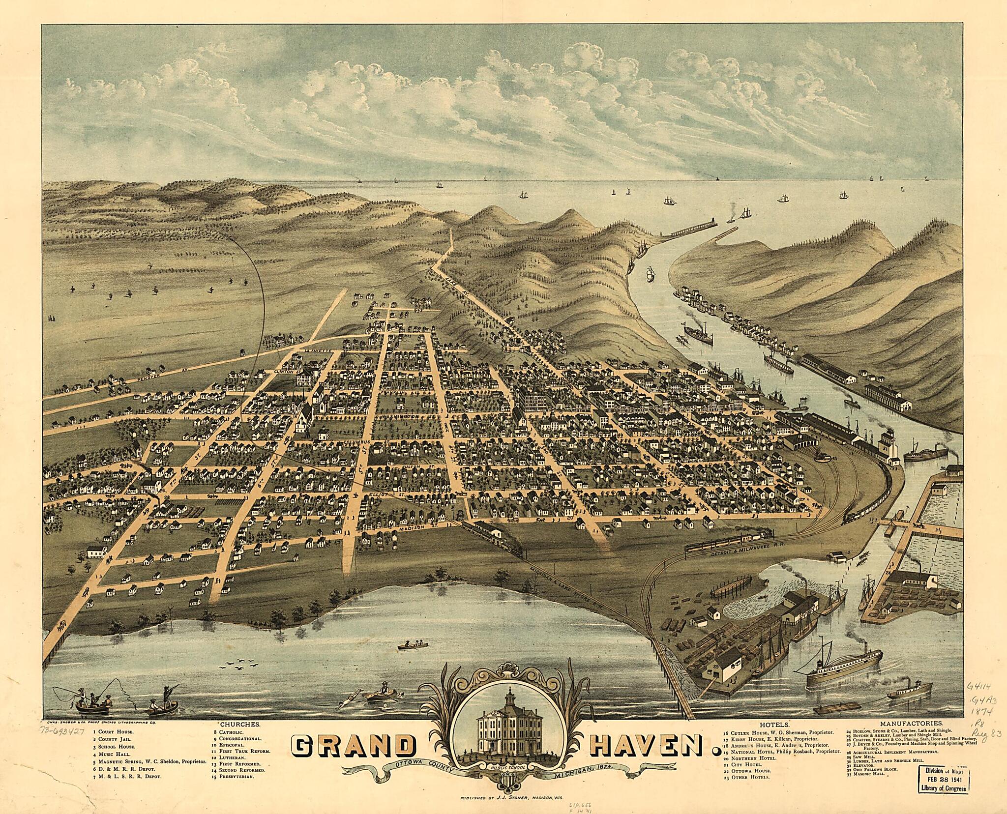This old map of Grand Haven, Ottawa County, Michigan from 1874 was created by Charles Shober & Co, Chicago Lithographing Co, A. Ruger, J. J. Stoner in 1874