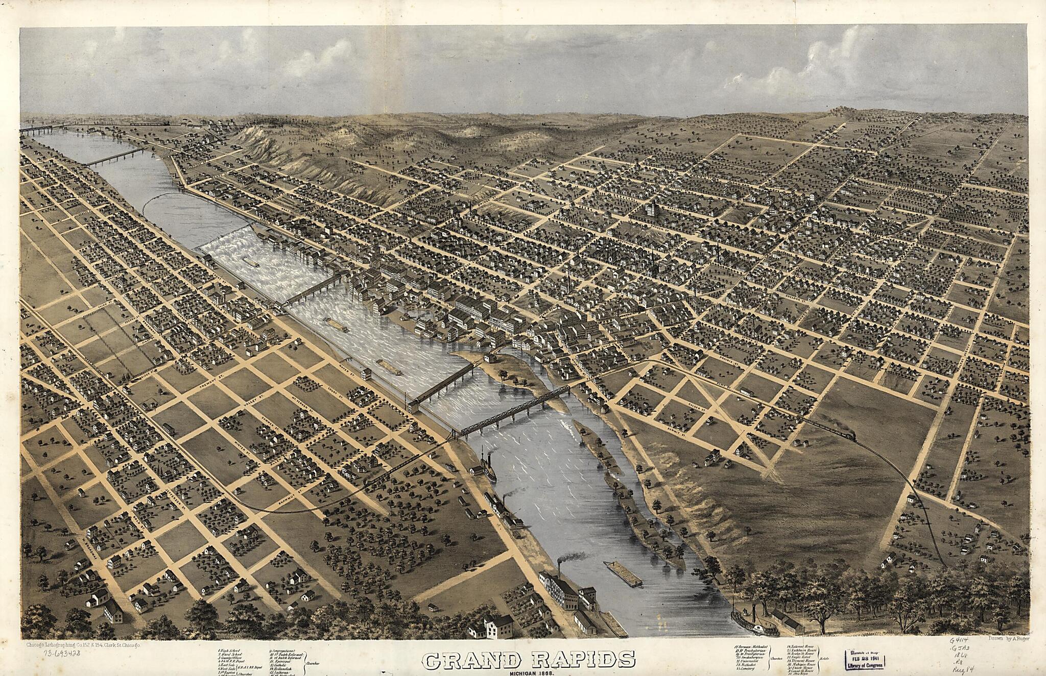 This old map of Grand Rapids, Michigan from 1868 was created by Chicago Lithographing Co, A. Ruger in 1868