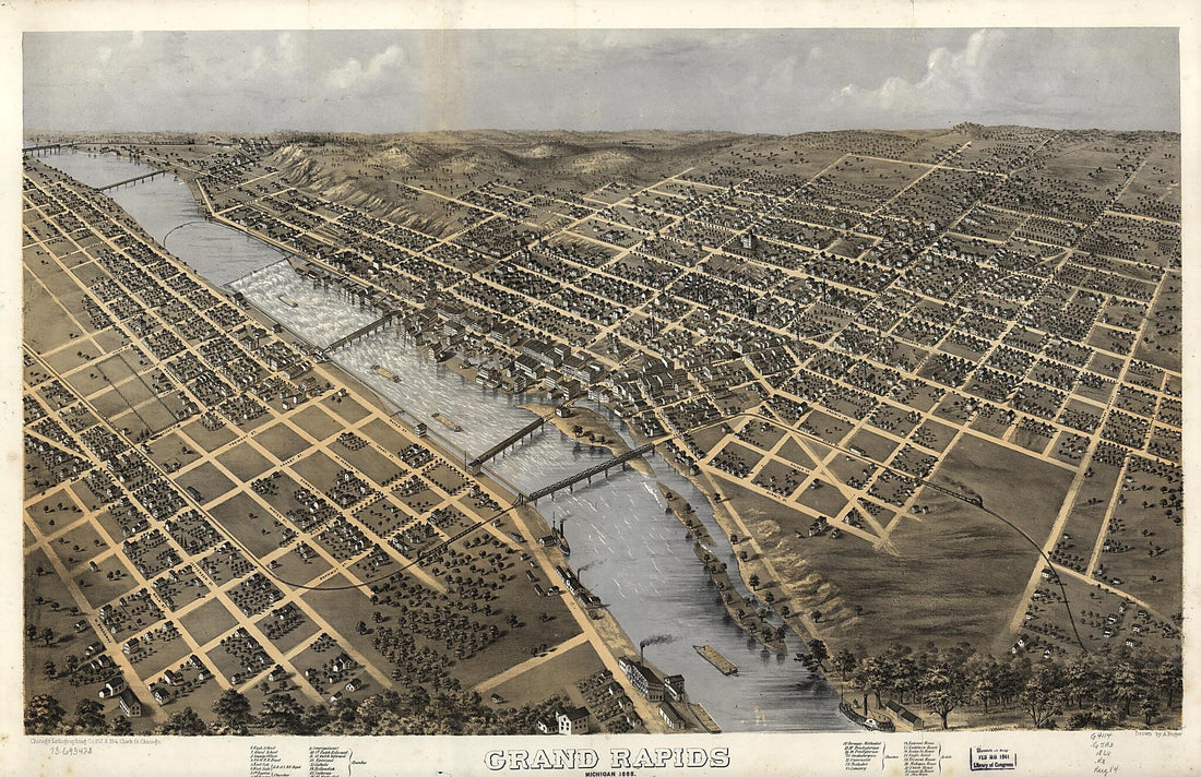 This old map of Grand Rapids, Michigan from 1868 was created by Chicago Lithographing Co, A. Ruger in 1868