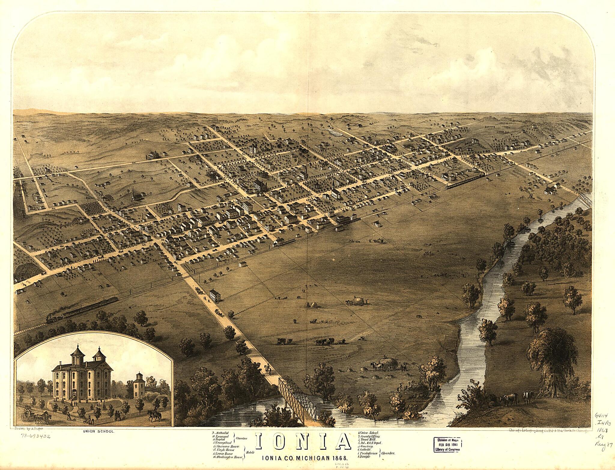 This old map of Ionia, Ionia County, Michigan from 1868 was created by Chicago Lithographing Co, A. Ruger in 1868