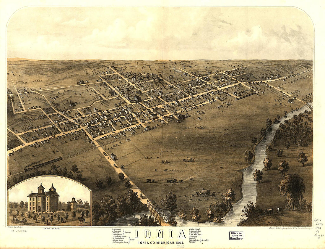 This old map of Ionia, Ionia County, Michigan from 1868 was created by Chicago Lithographing Co, A. Ruger in 1868