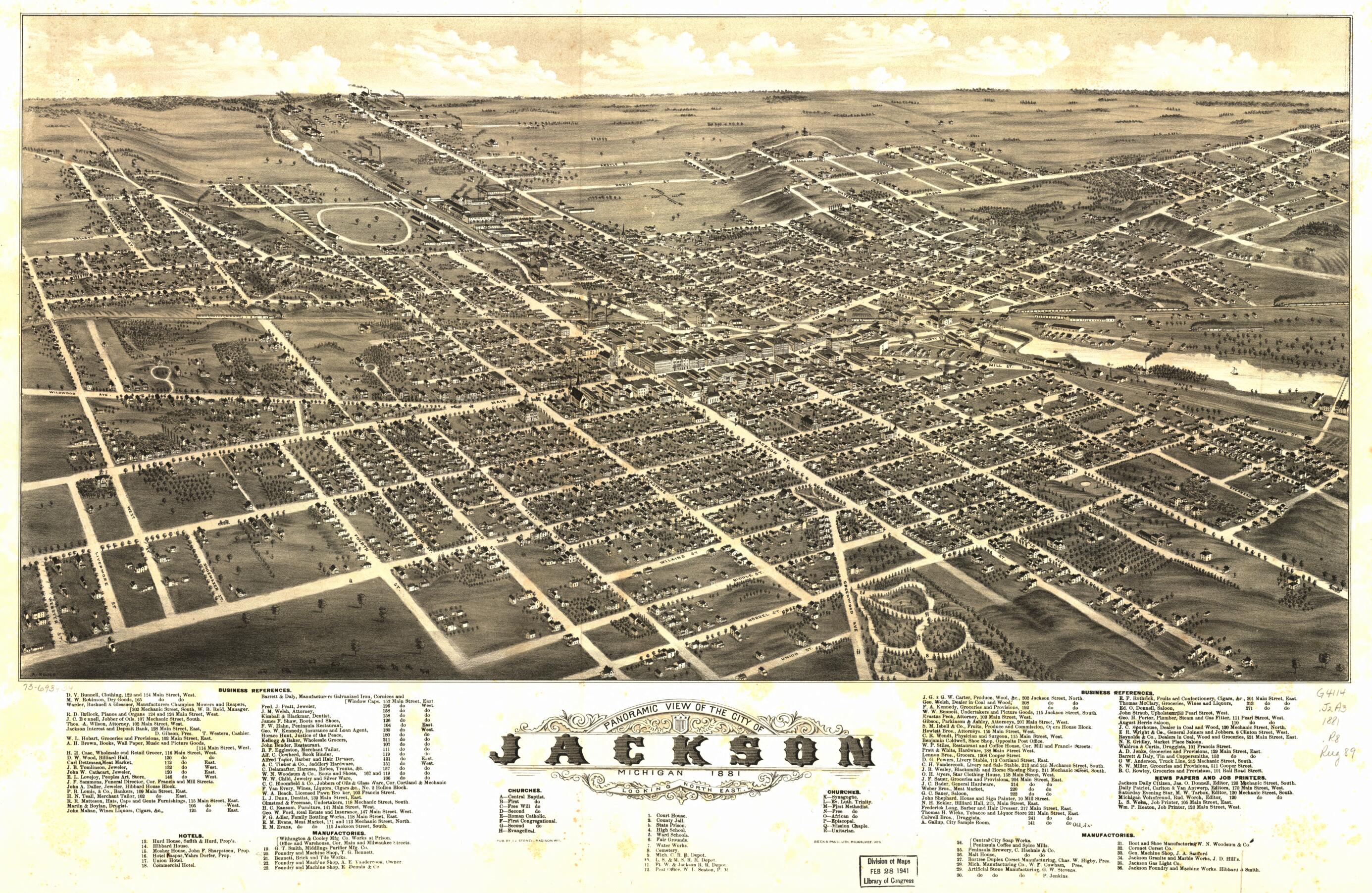 This old map of Panoramic View of the City of Jackson, Michigan from 1881 was created by Beck & Pauli, A. Ruger, J. J. Stoner in 1881