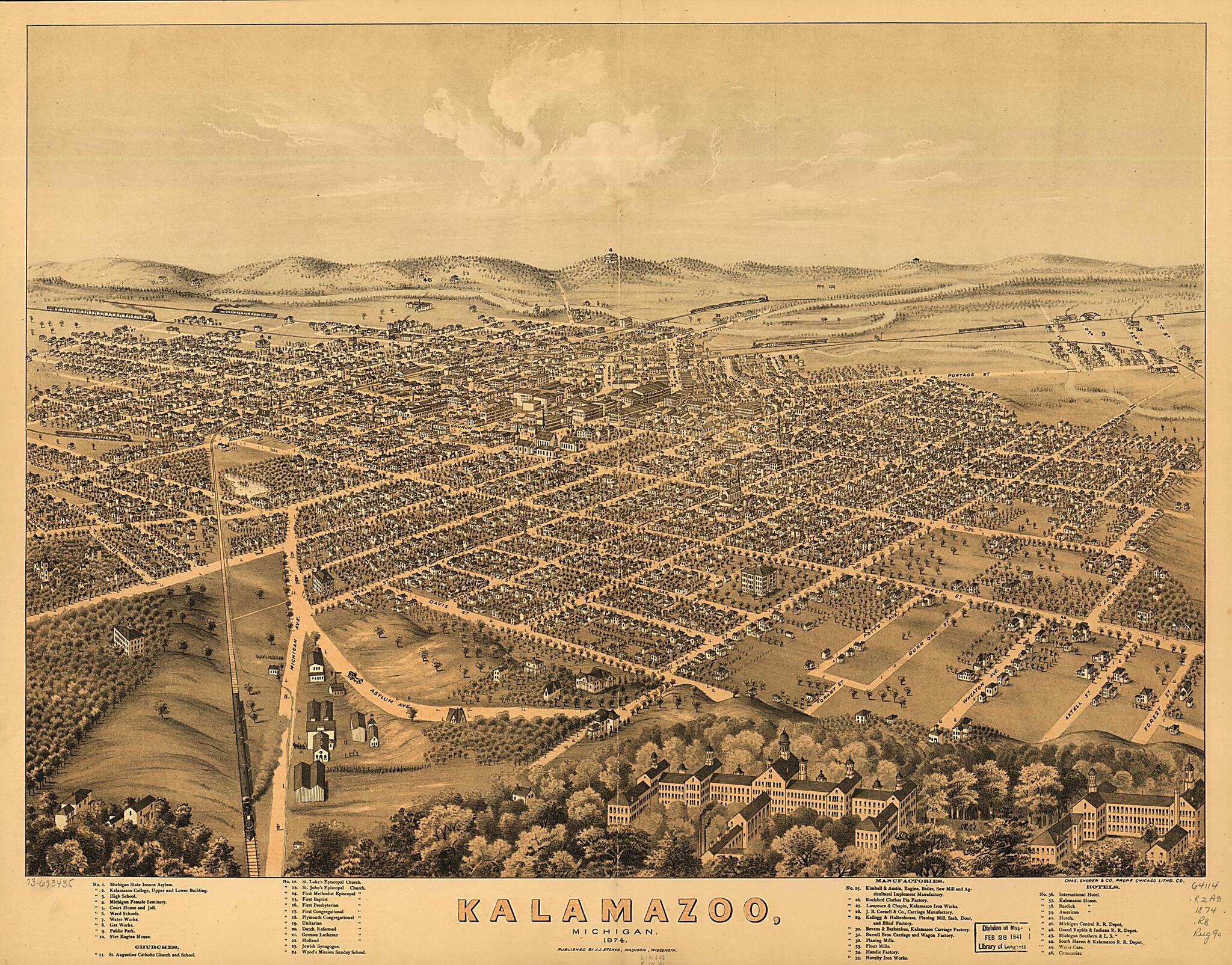 This old map of Kalamazoo, Michigan from 1874 was created by Charles Shober & Co, Chicago Lithographing Co, A. Ruger, J. J. Stoner in 1874