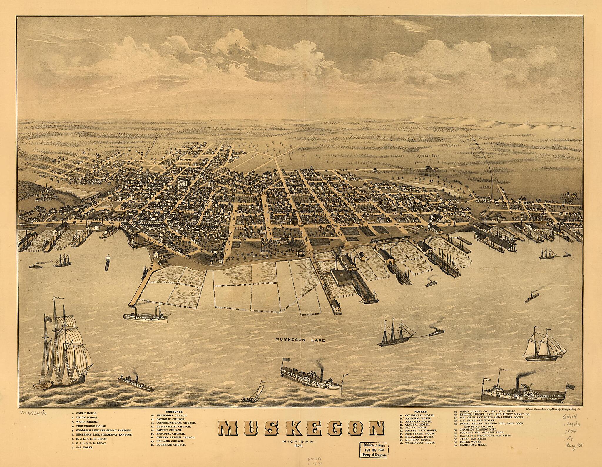 This old map of Muskegon, Michigan from 1874 was created by Charles Shober & Co, Chicago Lithographing Co, A. Ruger in 1874